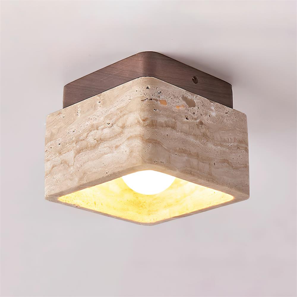 Karo Plafond- of Wandlamp | Travertin & Houten Basis, Compact Design