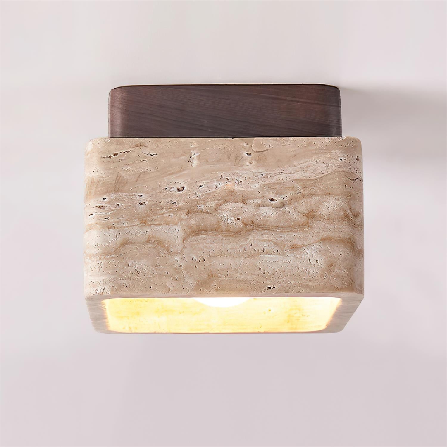 Karo Plafond- of Wandlamp | Travertin & Houten Basis, Compact Design