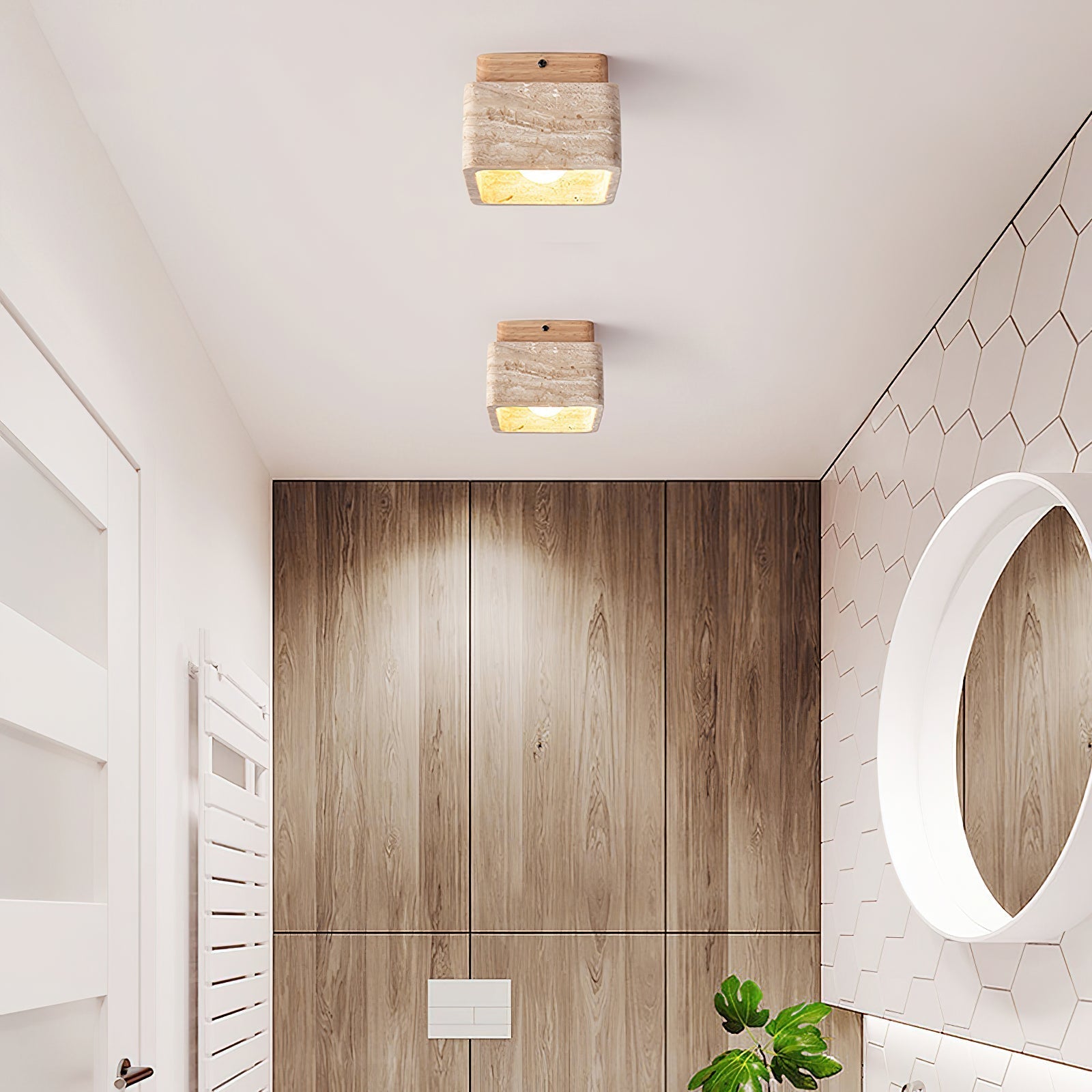 Karo Plafond- of Wandlamp | Travertin & Houten Basis, Compact Design