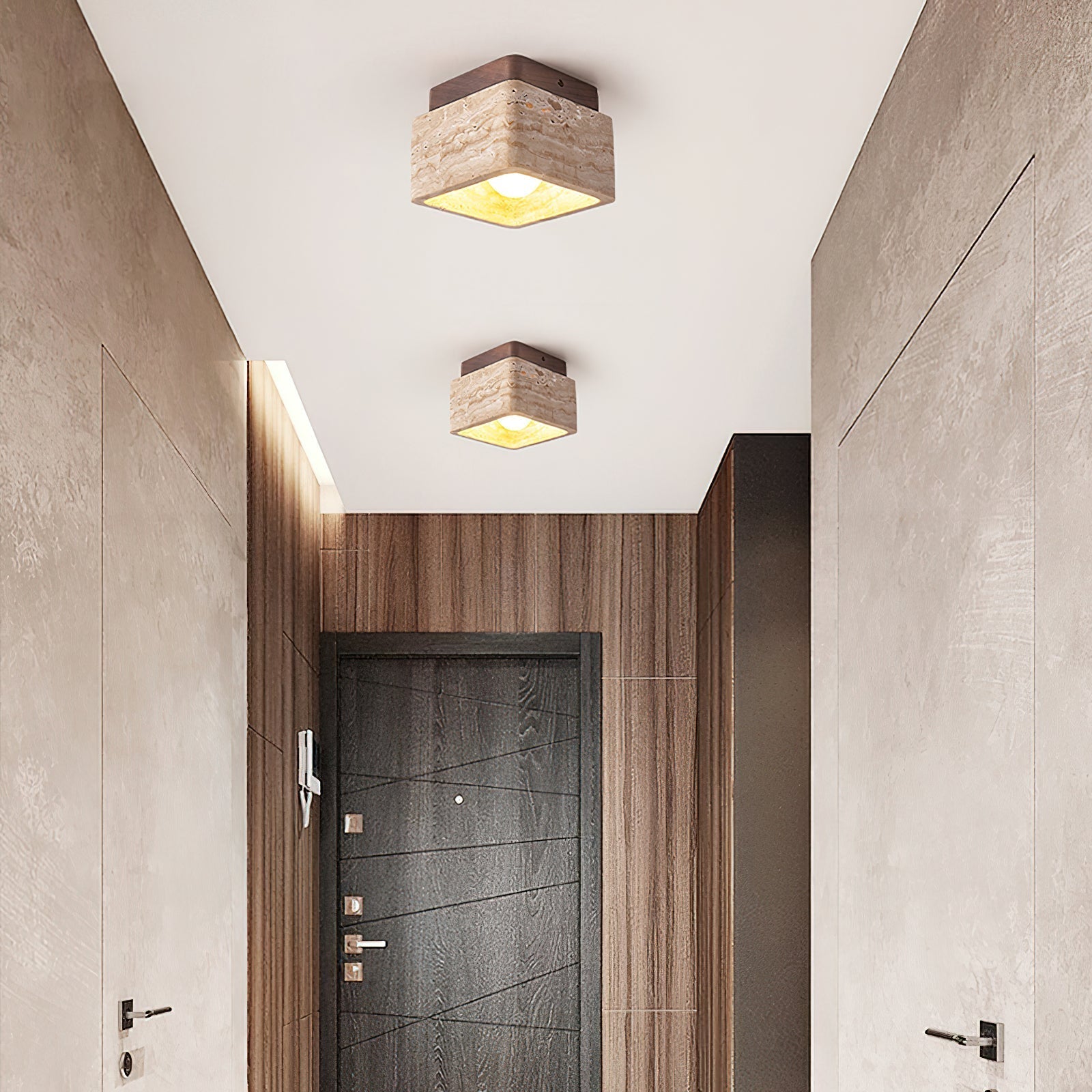 Karo Plafond- of Wandlamp | Travertin & Houten Basis, Compact Design