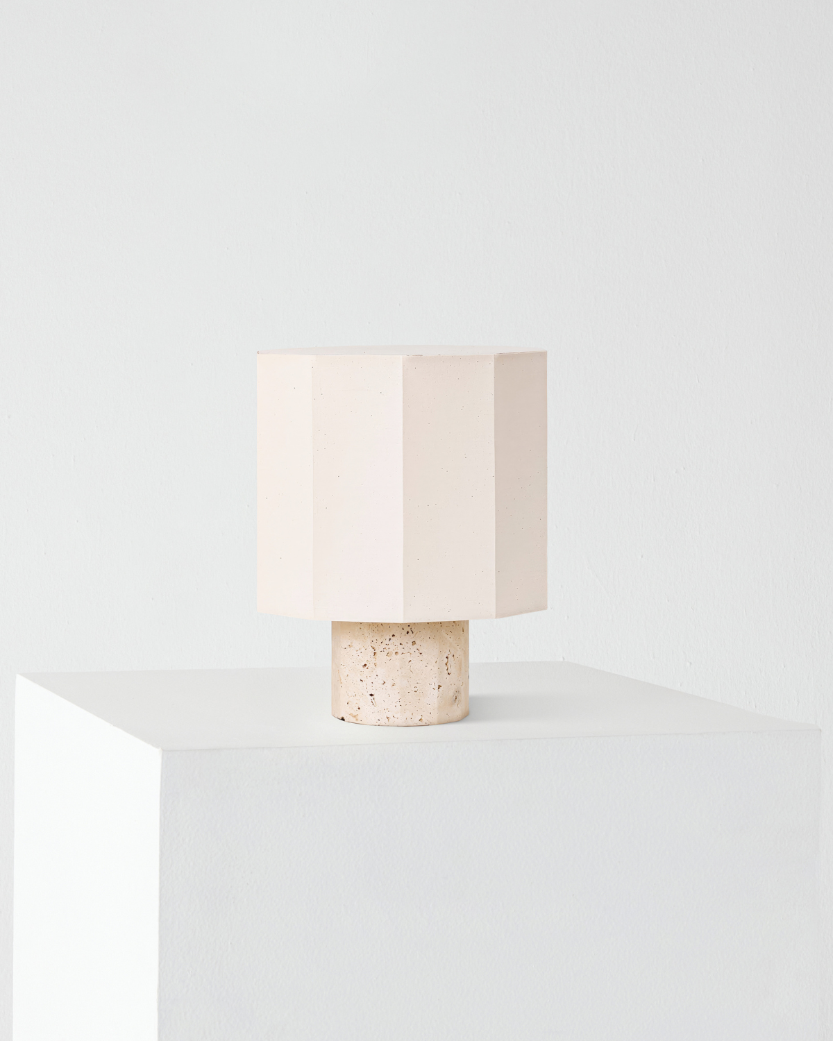 Cleo Table Lamp | Unique Travertine Base, Cream Drum Shade