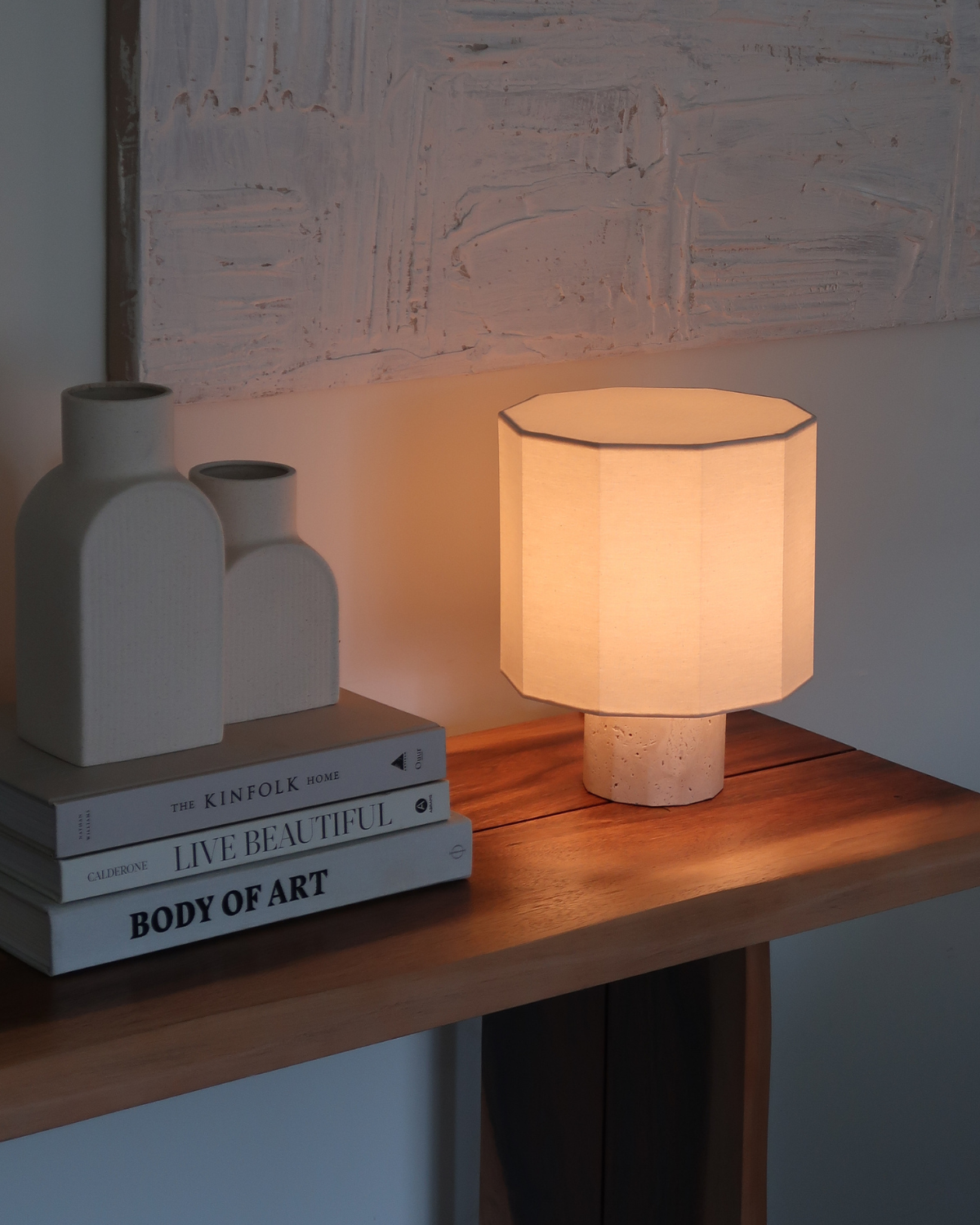 Cleo Table Lamp | Unique Travertine Base, Cream Drum Shade