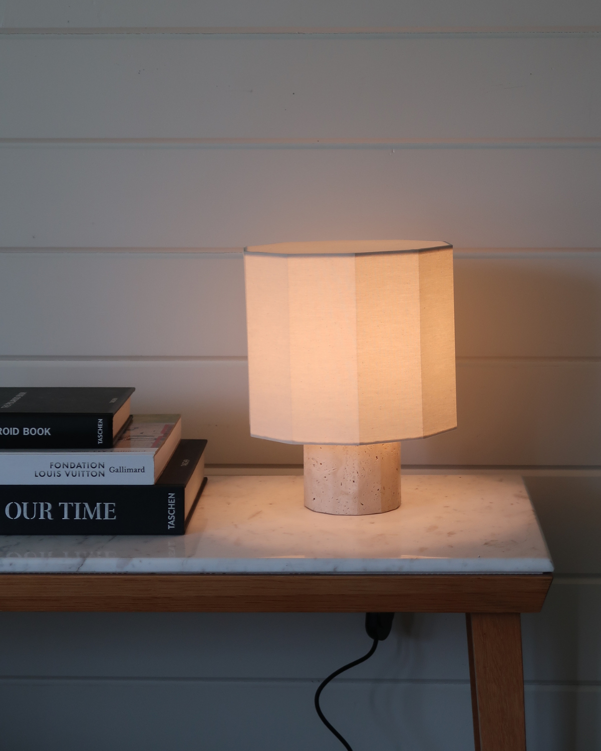 Cleo Table Lamp | Unique Travertine Base, Cream Drum Shade