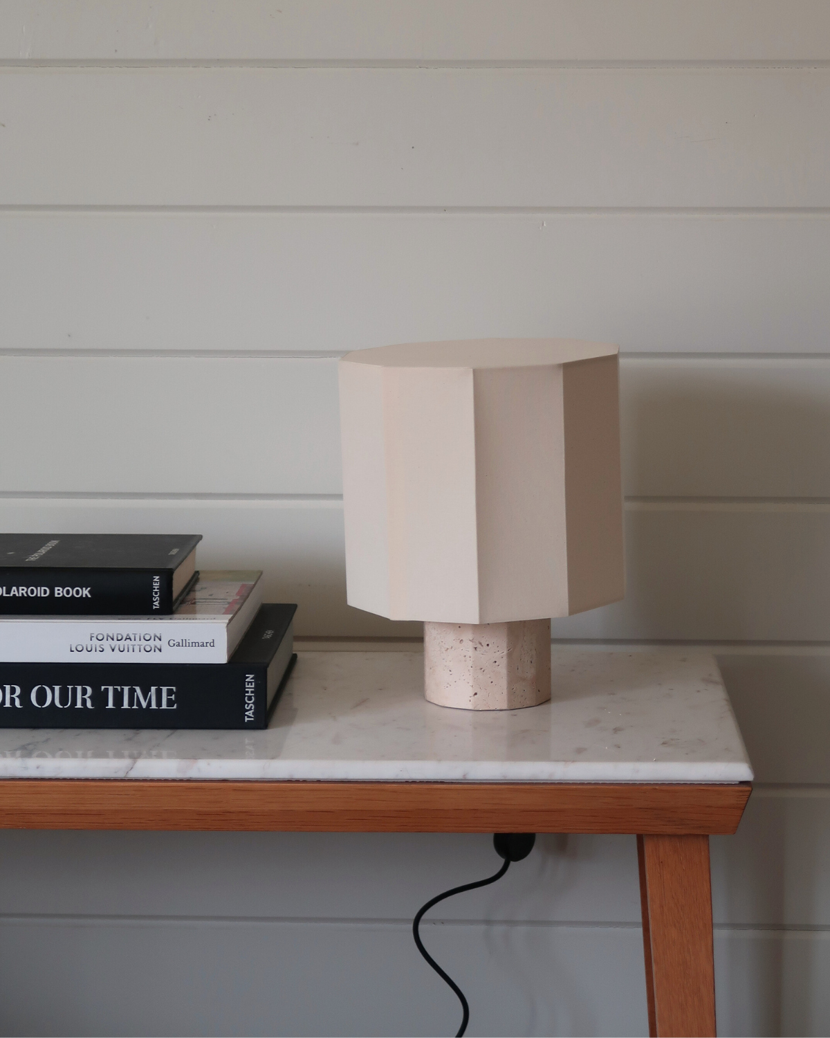 Cleo Table Lamp | Unique Travertine Base, Cream Drum Shade