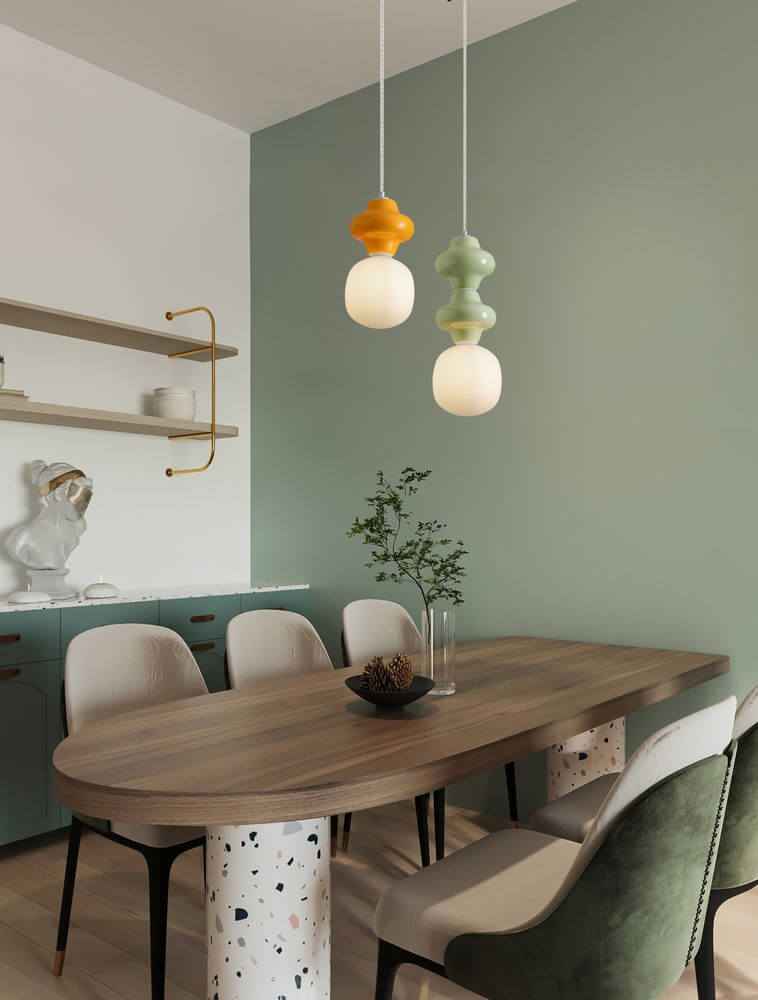 Clio Pendant Light | Glossy Ceramic & Frosted Glass, 198cm Height