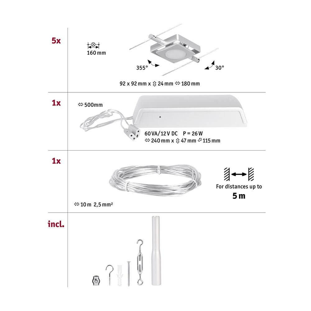 Cielo LED Cable System | Chrome-Matt, 10m Length, Wall/Ceiling Mount