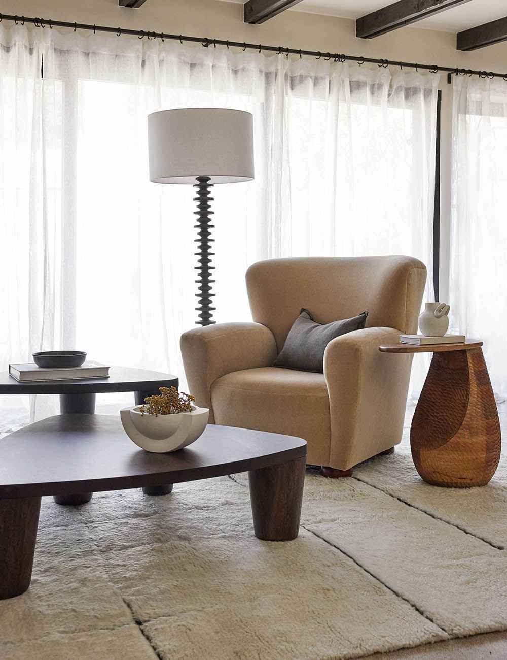 Fino Floor Lamp | Textured Wooden Bands, Linen Drum Shade