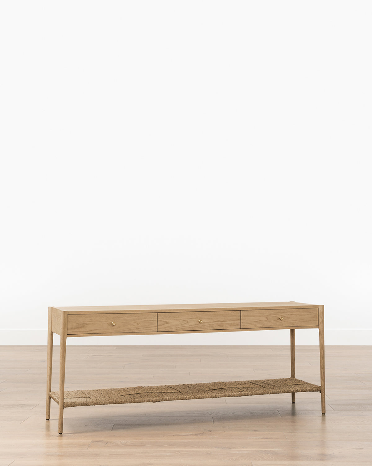 Dara Console Table  White Oak Finish, Soft-Close Drawers