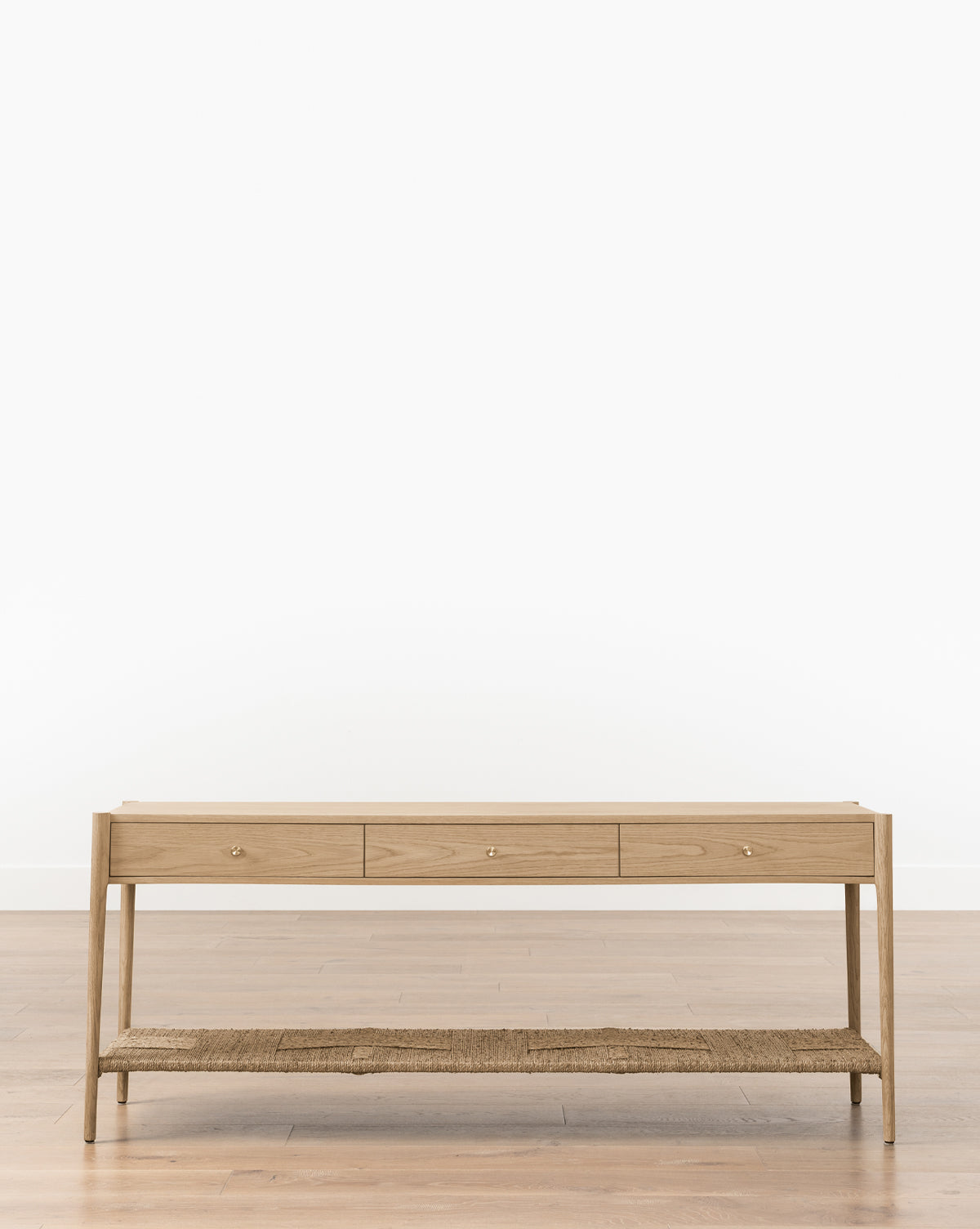 Dara Console Table  White Oak Finish, Soft-Close Drawers