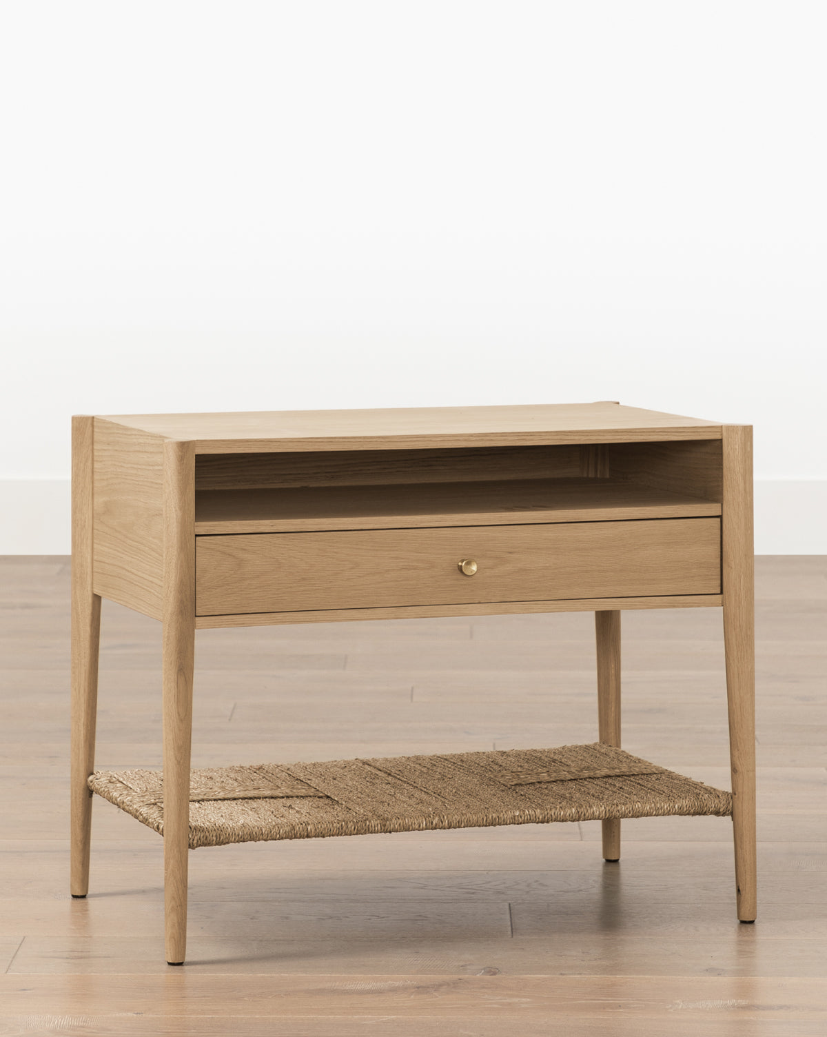 Bello Nightstand White Oak  Pullout Drawer, Seagrass Shelf