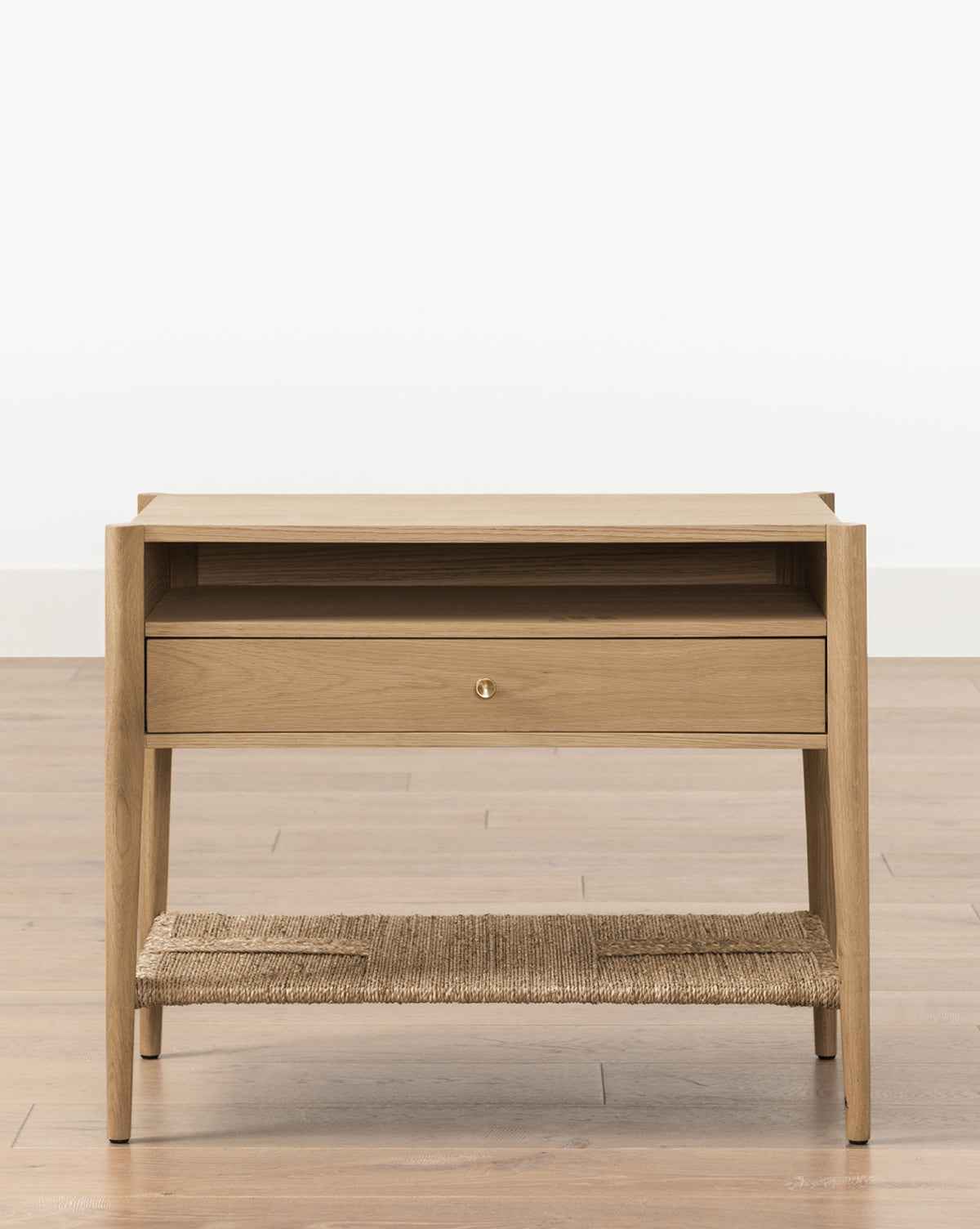 Bello Nightstand White Oak  Pullout Drawer, Seagrass Shelf