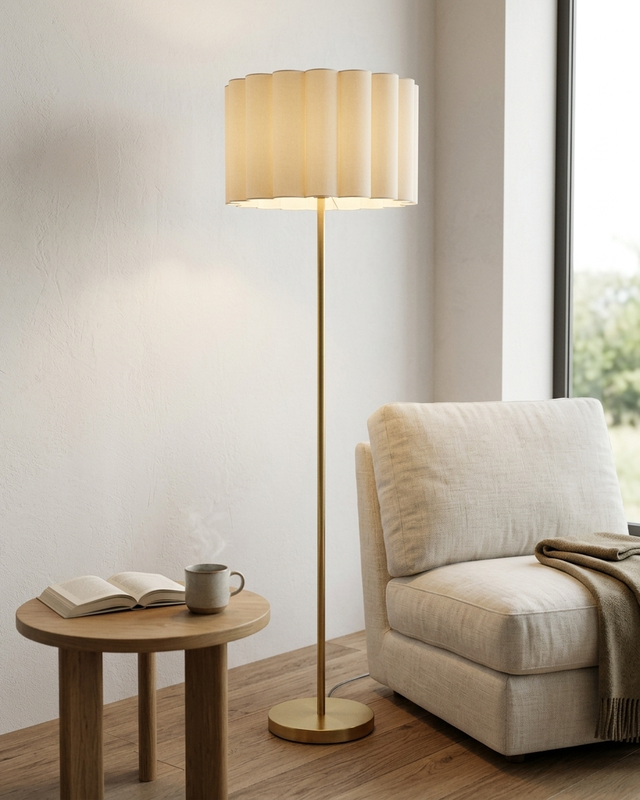 Elysian Floor Lamp | Weighted Brass Base, Pleated Cotton Shade
