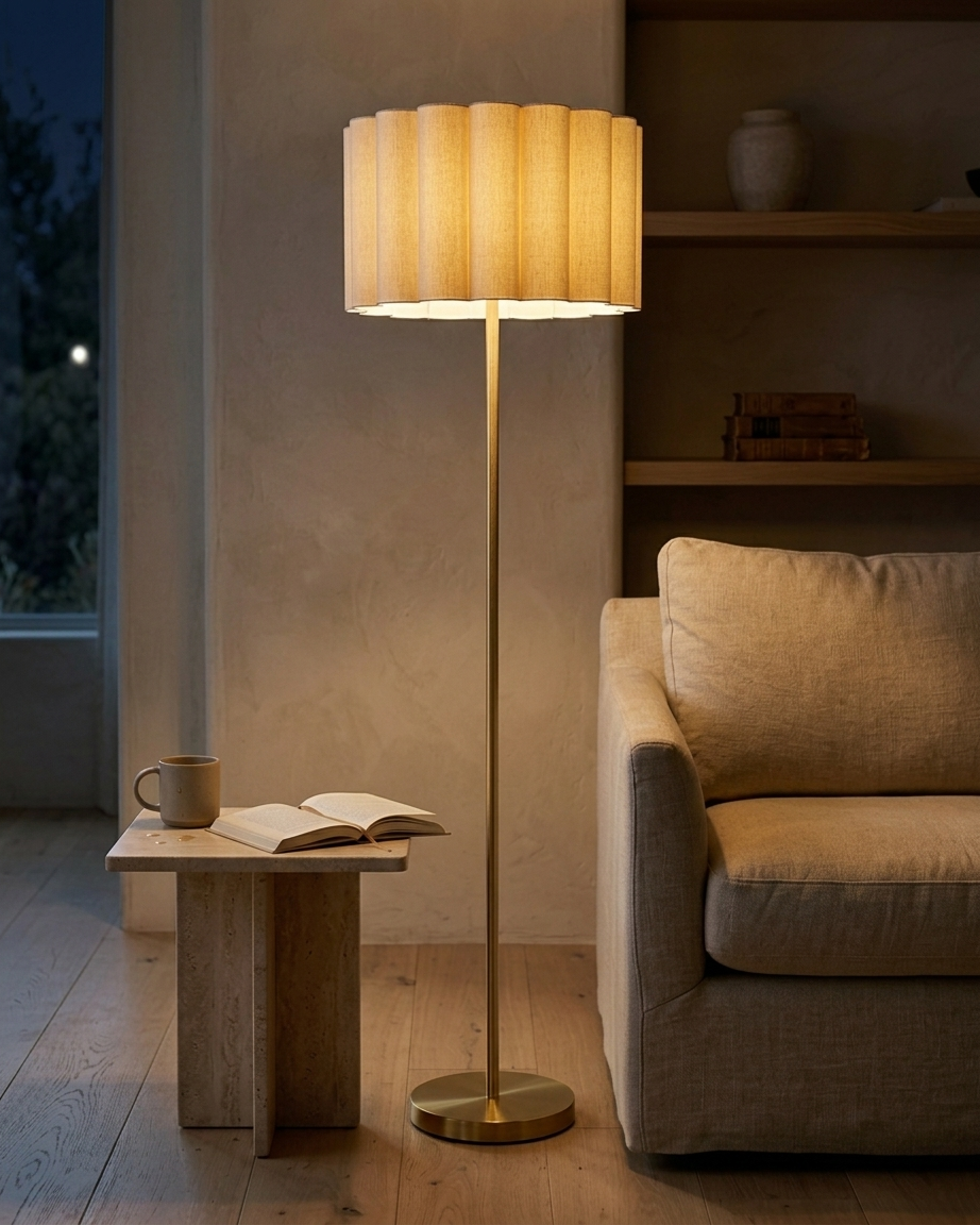 Elysian Floor Lamp | Weighted Brass Base, Pleated Cotton Shade
