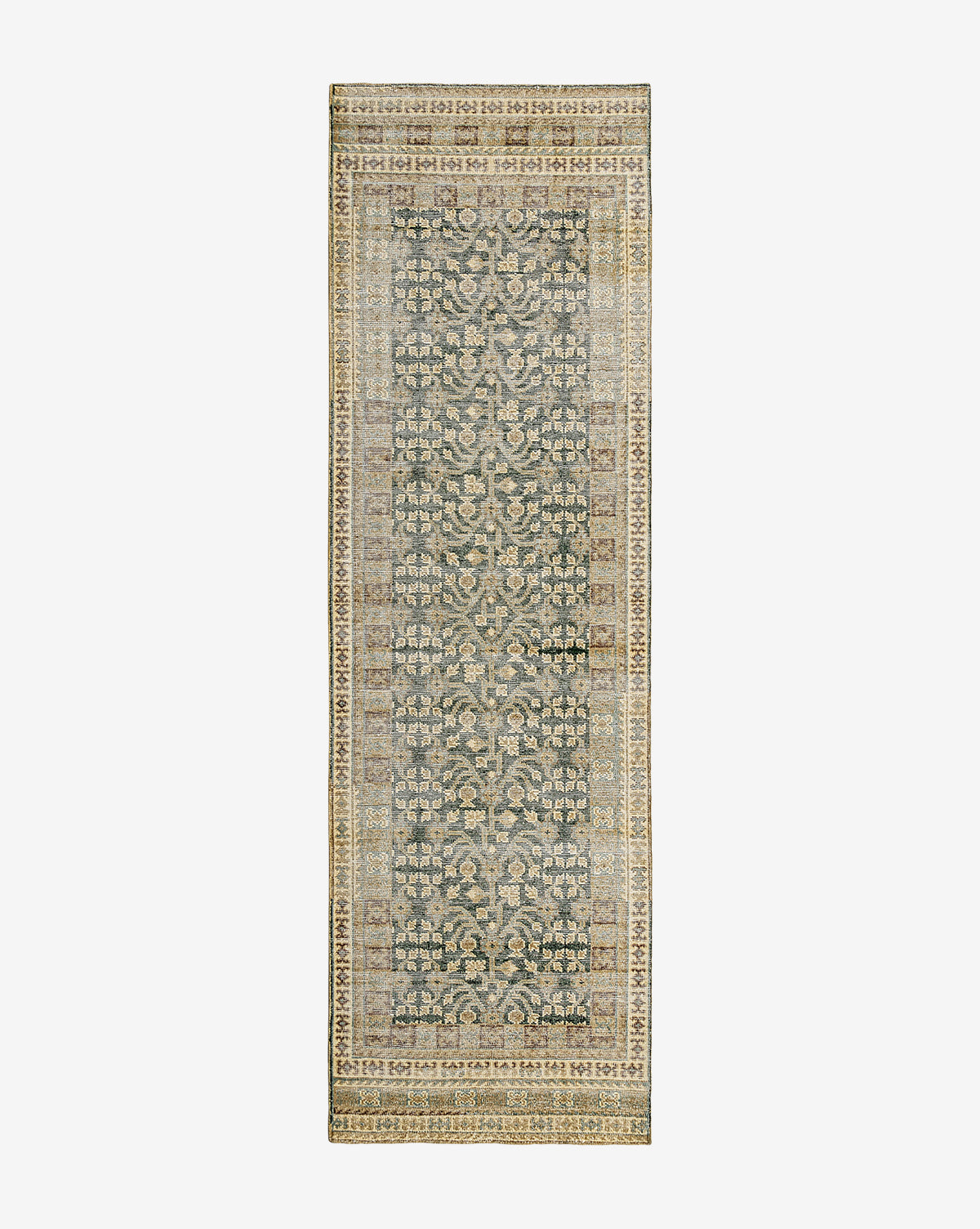 Elysian Hand-Knotted Wool Rug  Vintage Green Tan Black Design