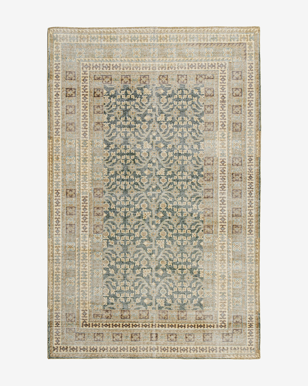Elysian Hand-Knotted Wool Rug  Vintage Green Tan Black Design