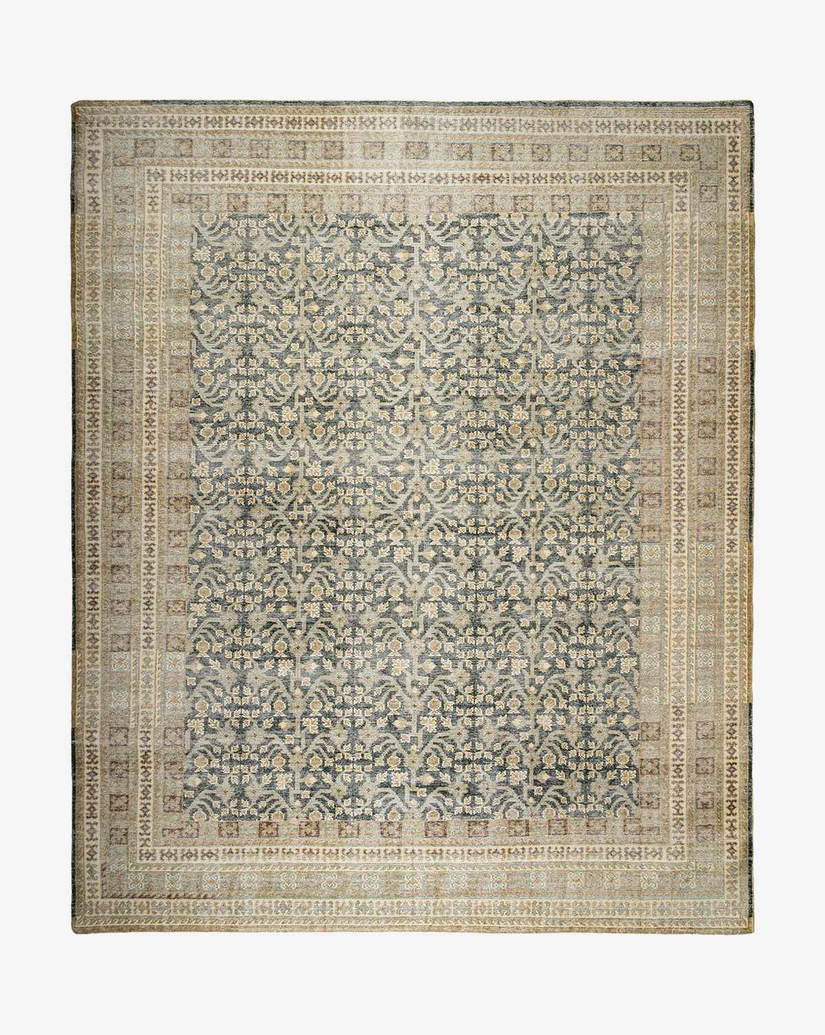 Elysian Hand-Knotted Wool Rug  Vintage Green Tan Black Design