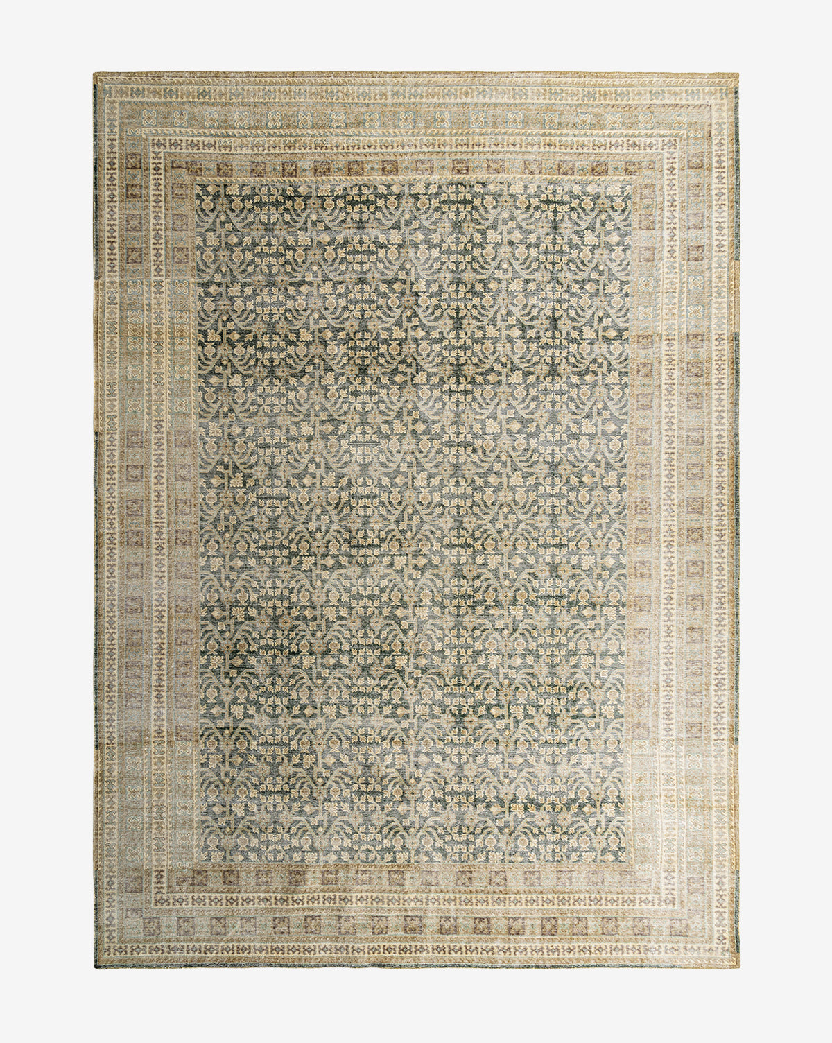 Elysian Hand-Knotted Wool Rug  Vintage Green Tan Black Design