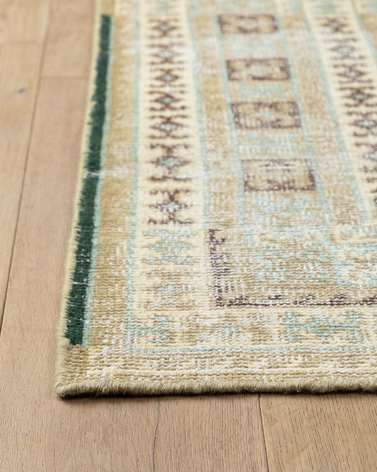 Elysian Hand-Knotted Wool Rug  Vintage Green Tan Black Design