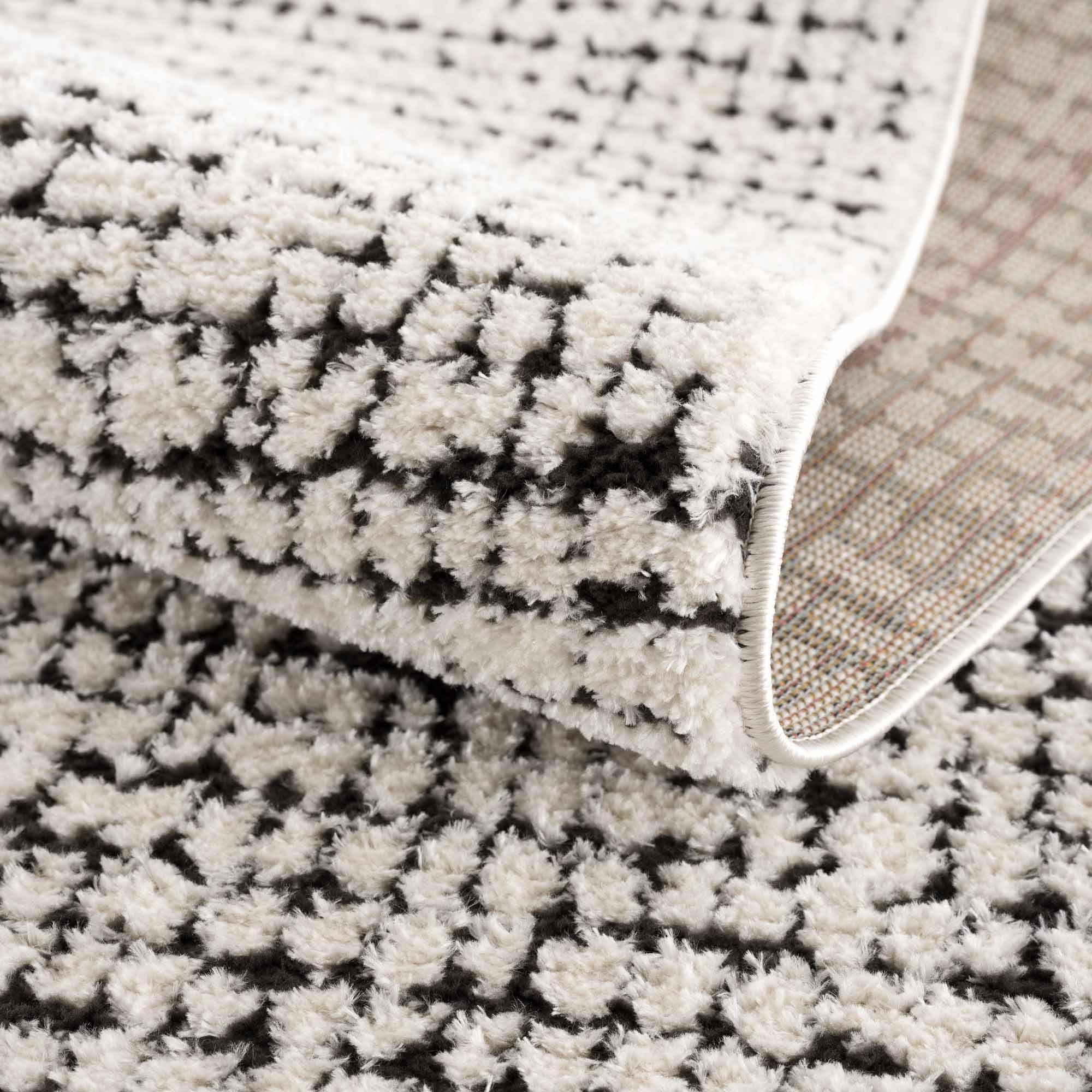 Kairo Plush Rug  High Pile, Black & White Mosaic Design