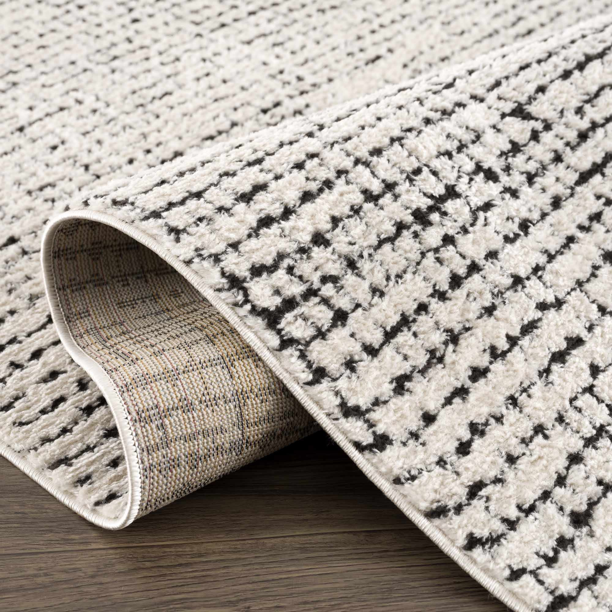 Kairo Plush Rug  High Pile, Black & White Mosaic Design