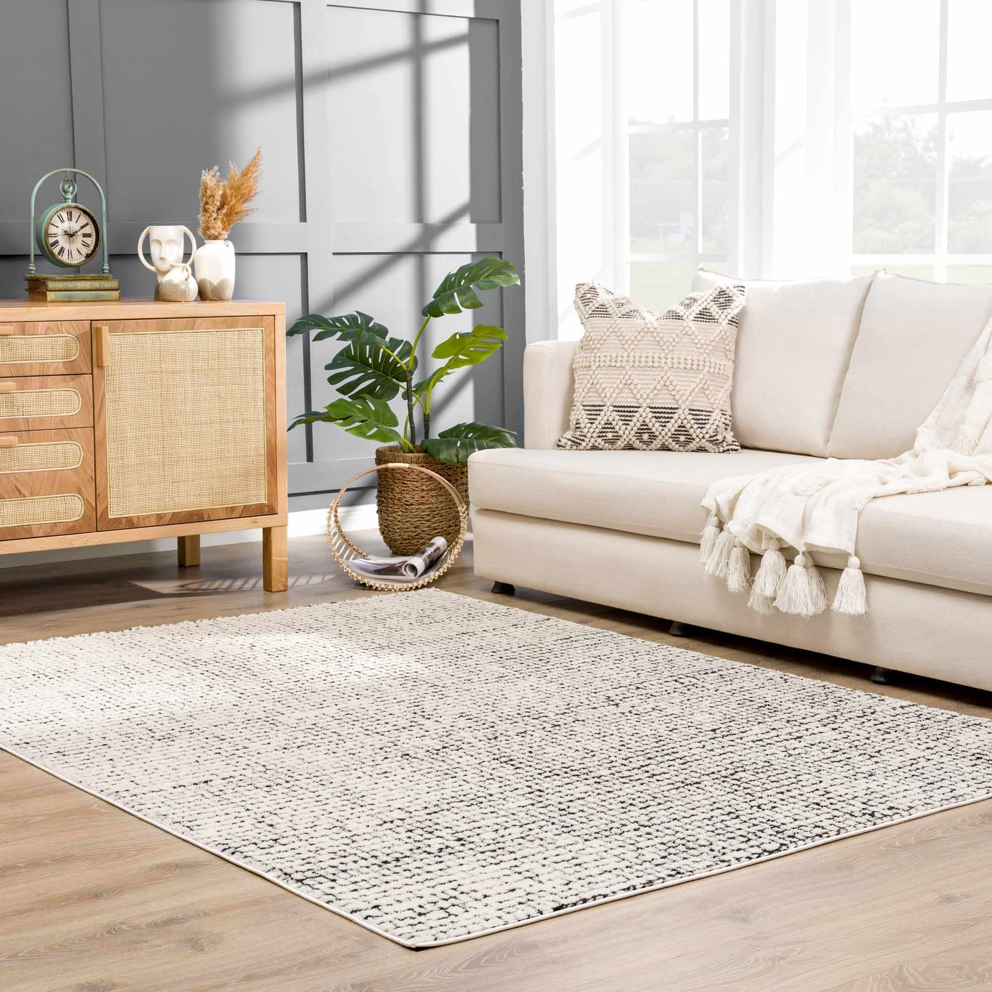 Kairo Plush Rug  High Pile, Black & White Mosaic Design