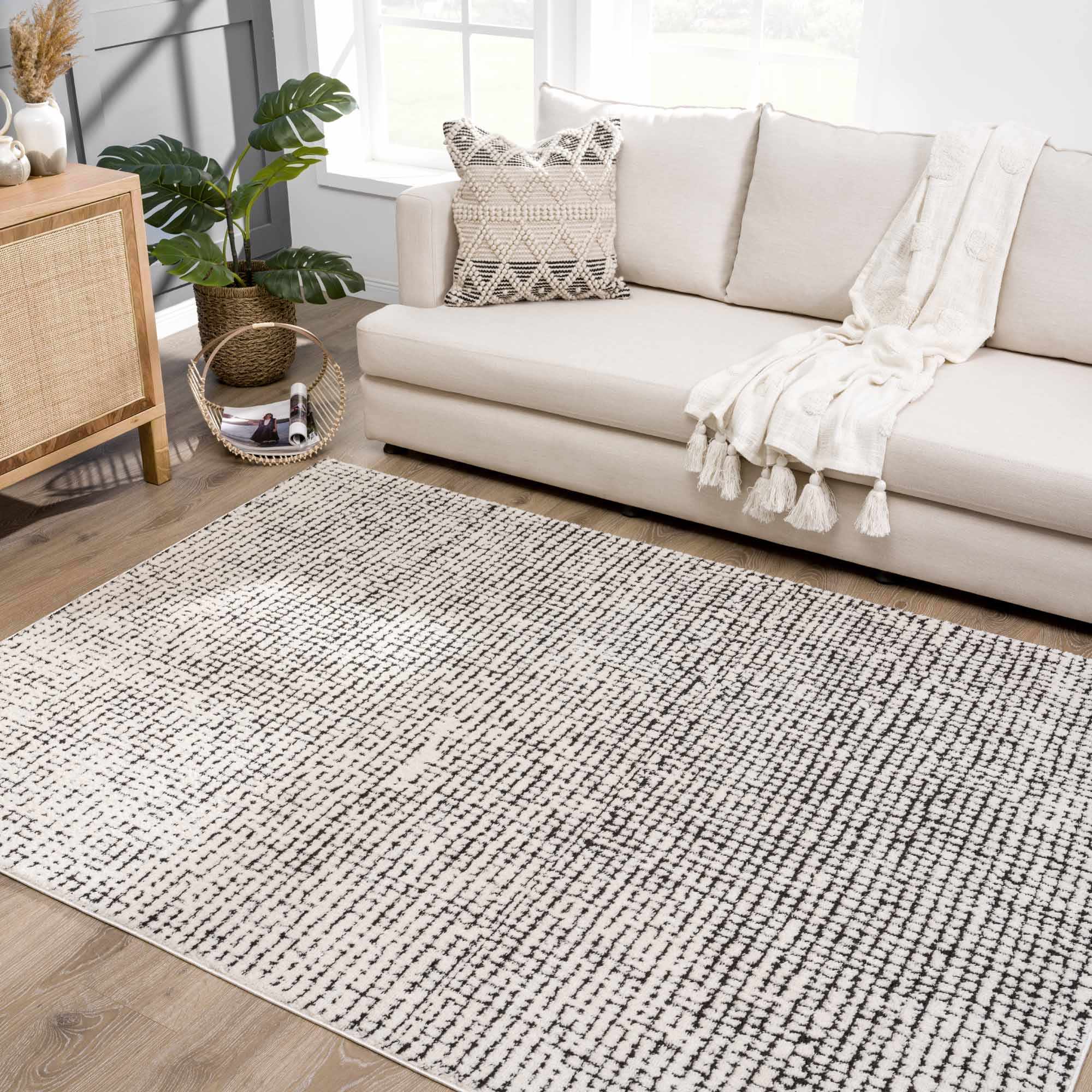 Kairo Plush Rug  High Pile, Black & White Mosaic Design