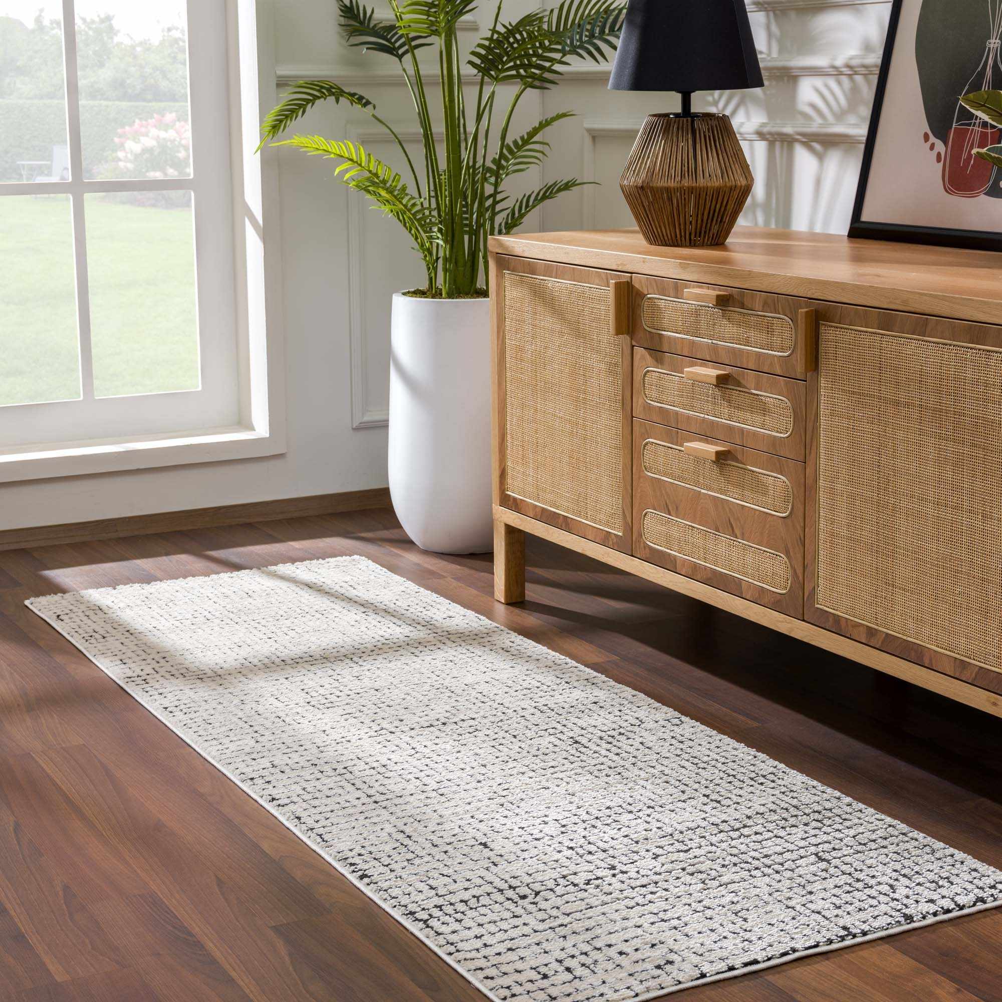 Kairo Plush Rug  High Pile, Black & White Mosaic Design