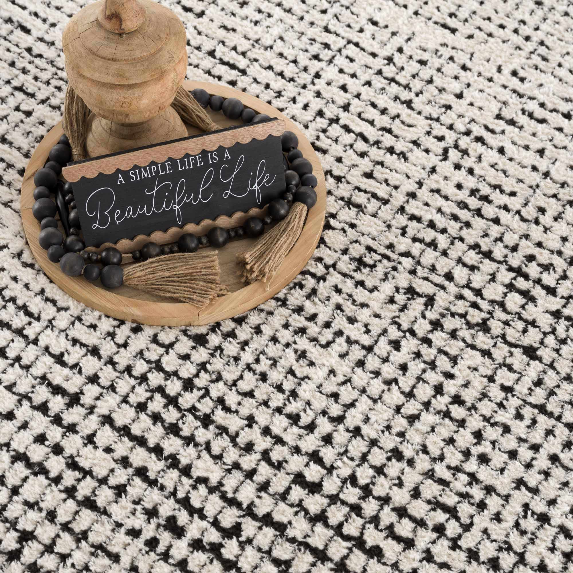 Kairo Plush Rug  High Pile, Black & White Mosaic Design