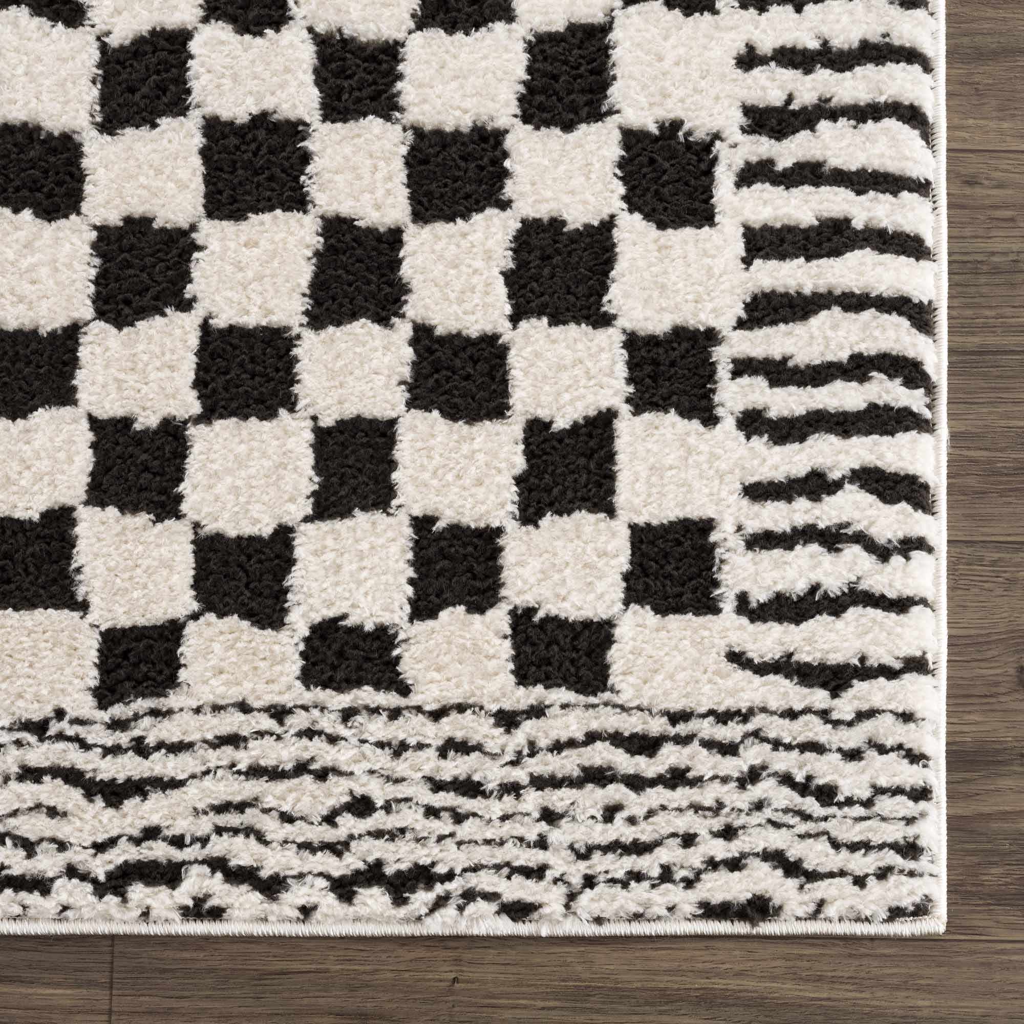 Leryn Area Rug  High Pile, Checkered Design in Black & Ivory