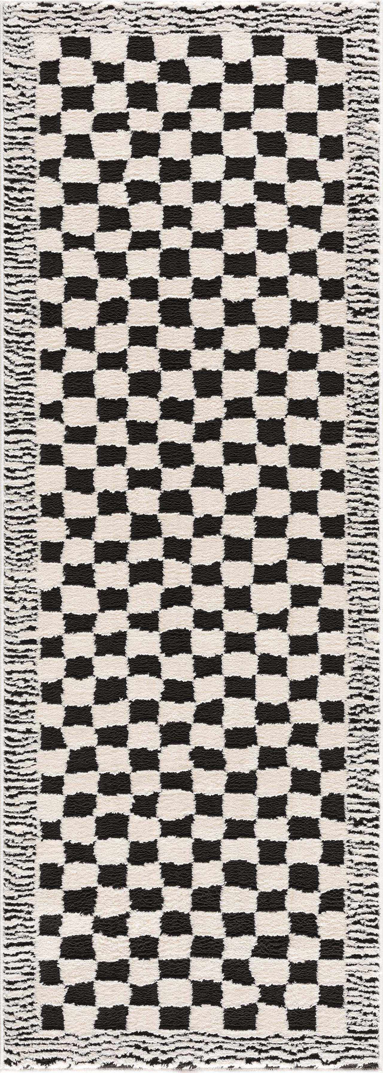 Leryn Area Rug  High Pile, Checkered Design in Black & Ivory