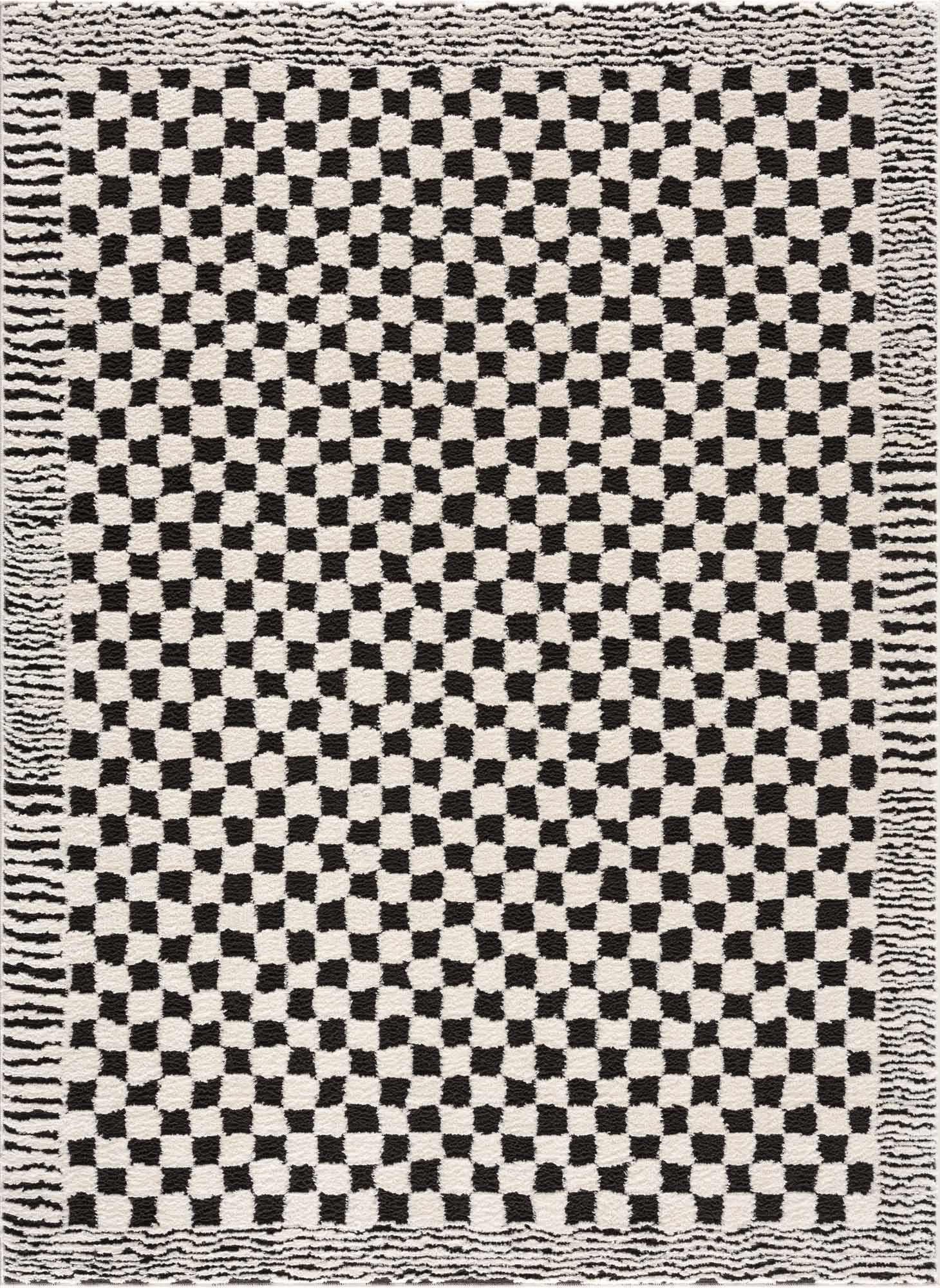Leryn Area Rug  High Pile, Checkered Design in Black & Ivory