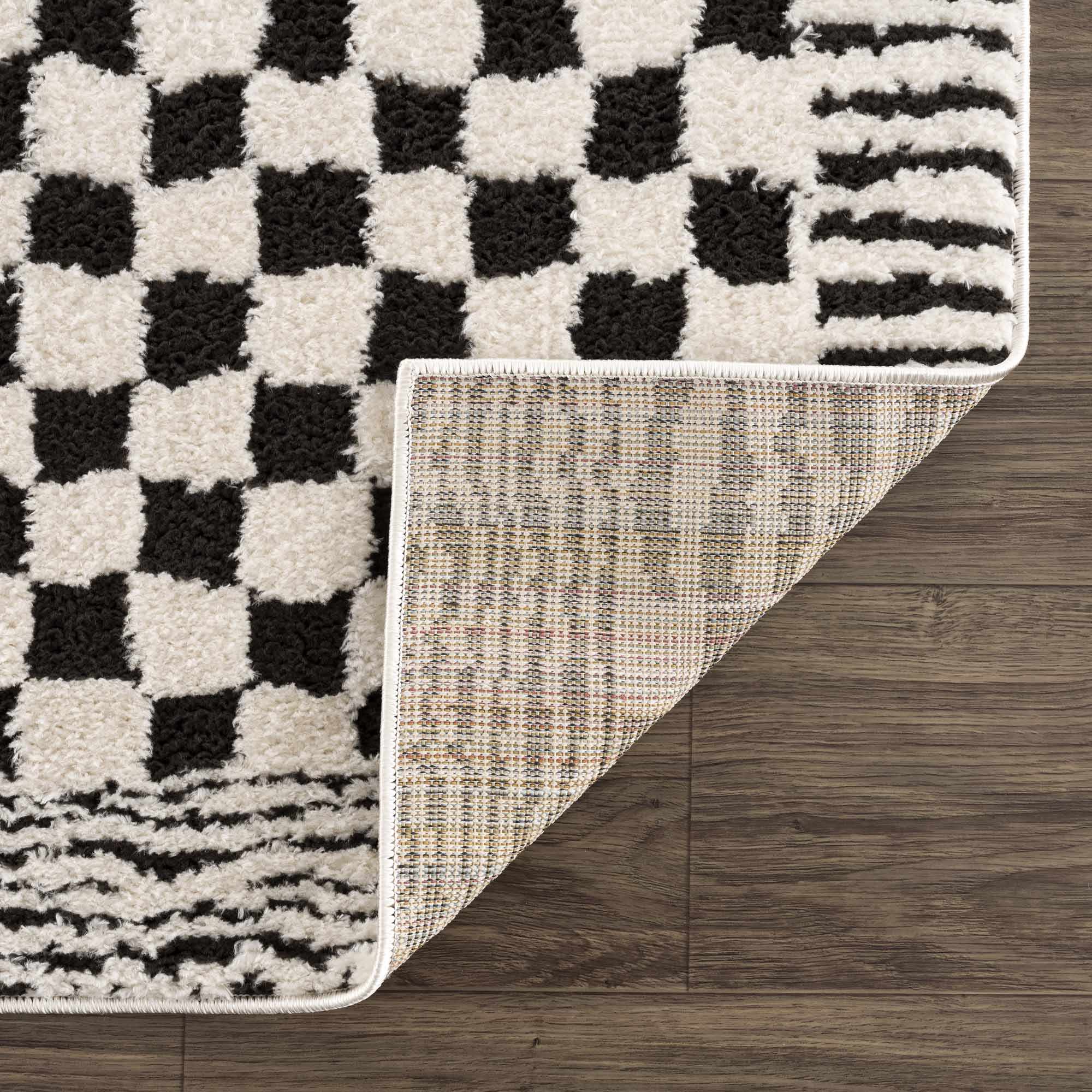 Leryn Area Rug  High Pile, Checkered Design in Black & Ivory
