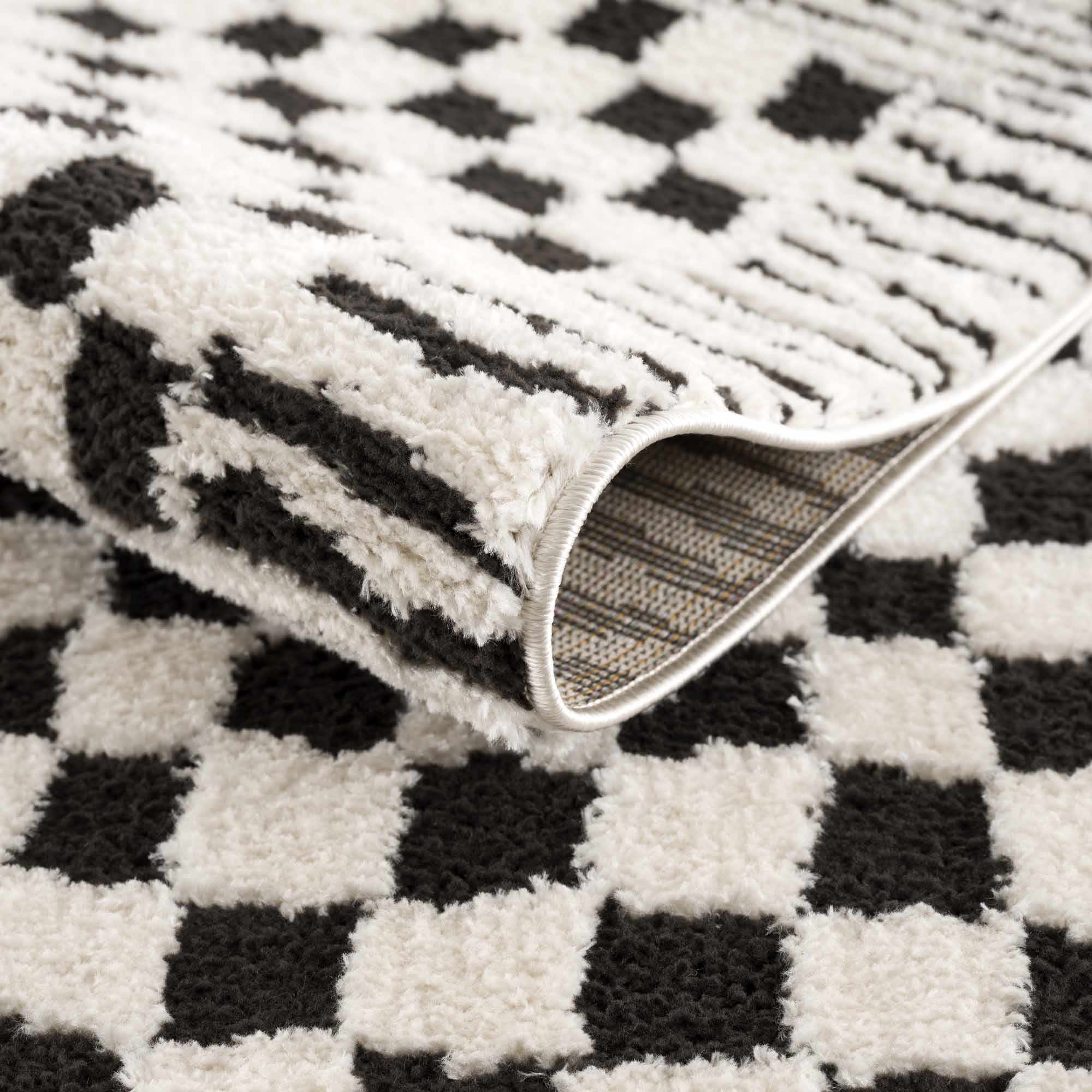 Leryn Area Rug  High Pile, Checkered Design in Black & Ivory