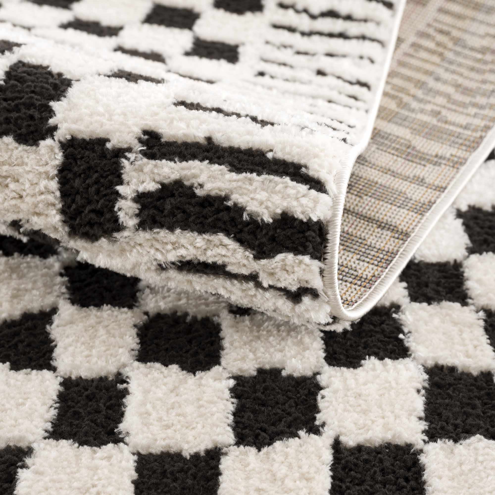 Leryn Area Rug  High Pile, Checkered Design in Black & Ivory