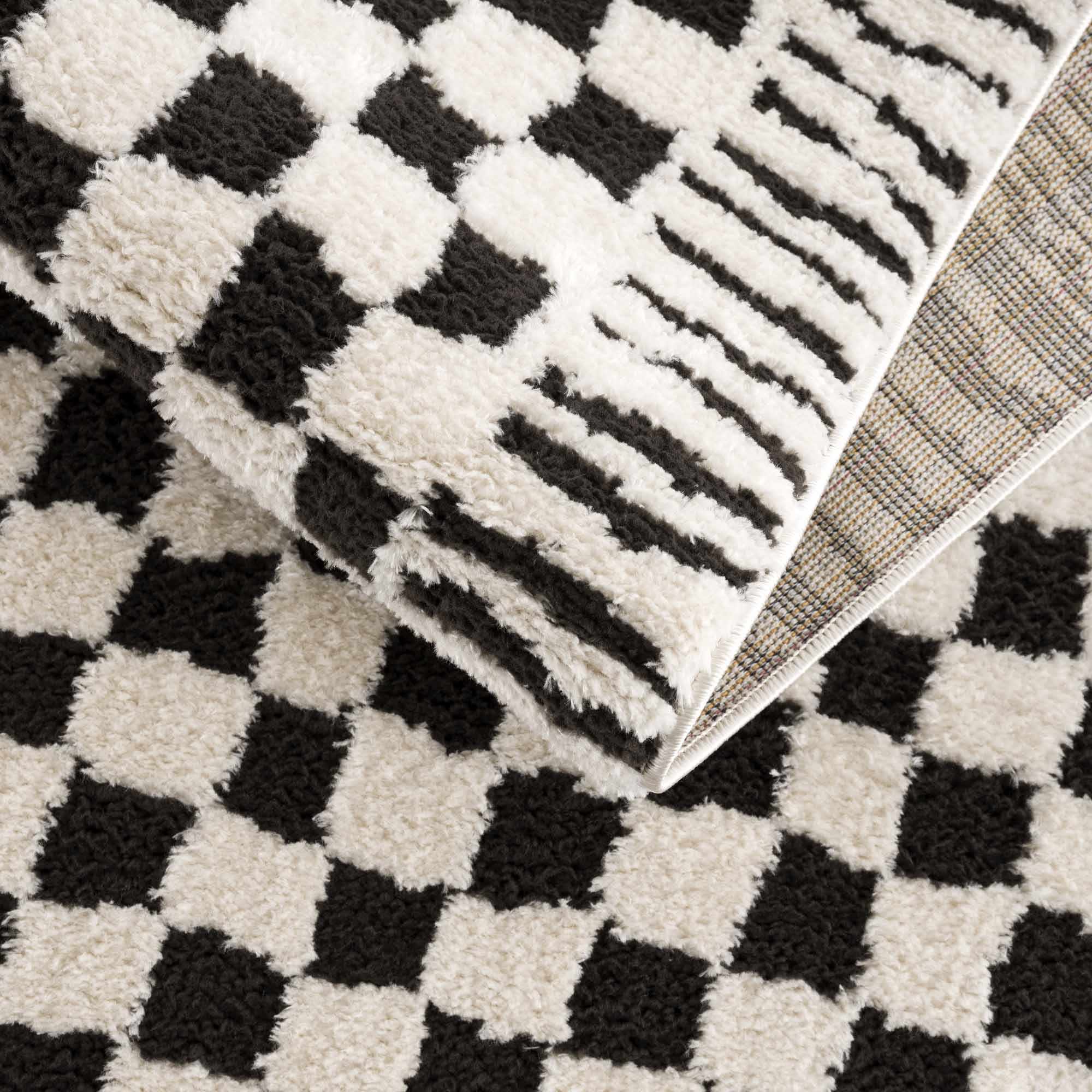 Leryn Area Rug  High Pile, Checkered Design in Black & Ivory