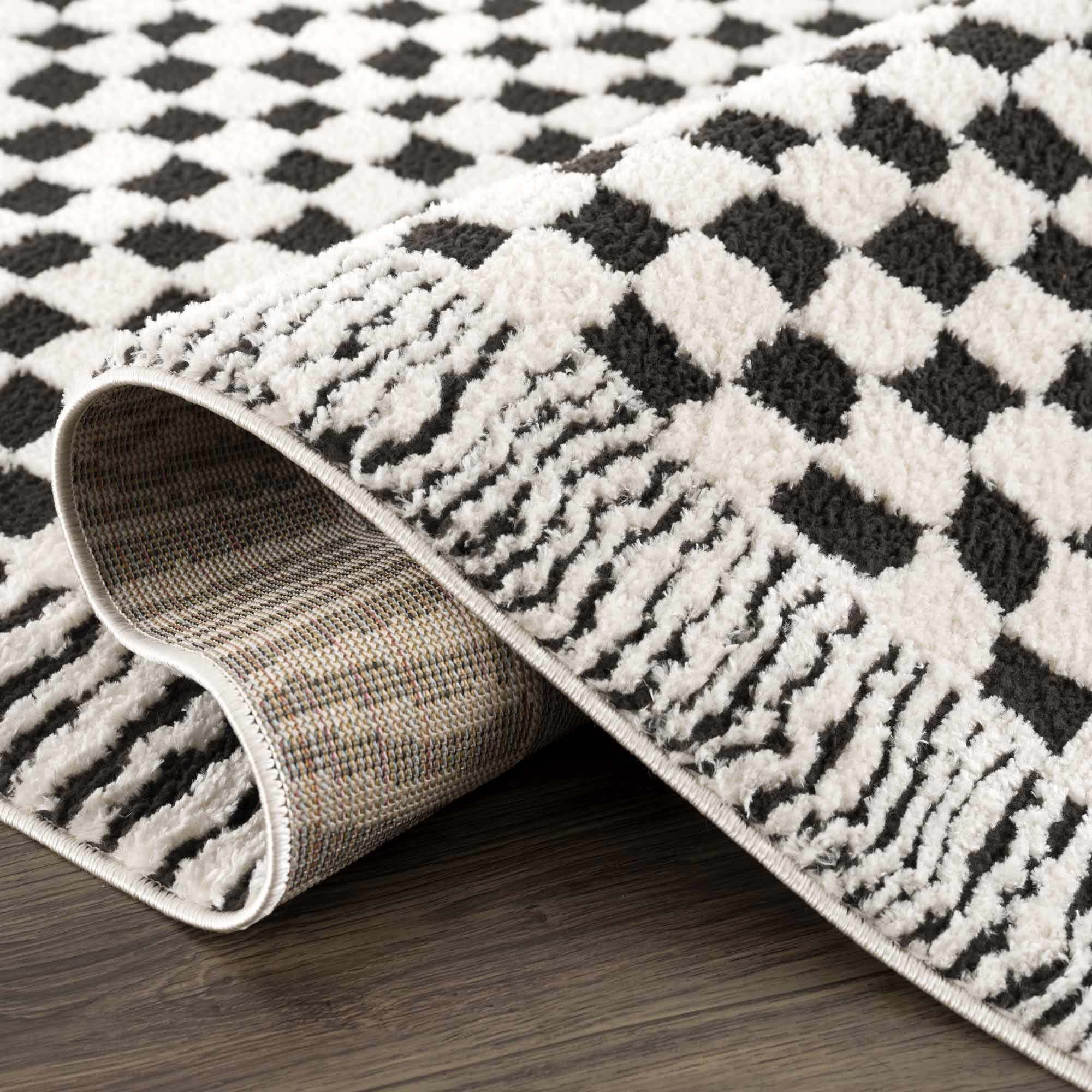 Leryn Area Rug  High Pile, Checkered Design in Black & Ivory