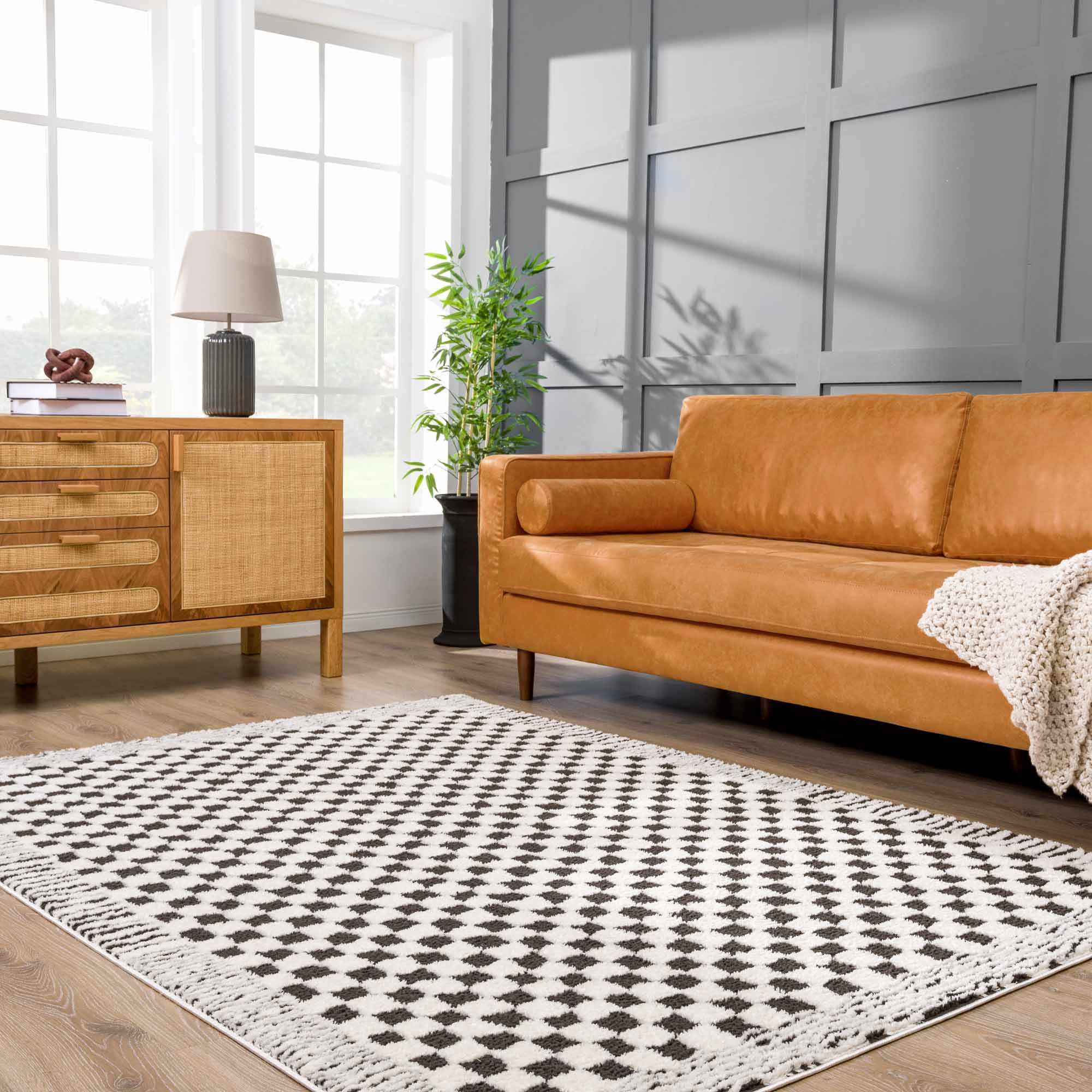 Leryn Area Rug  High Pile, Checkered Design in Black & Ivory