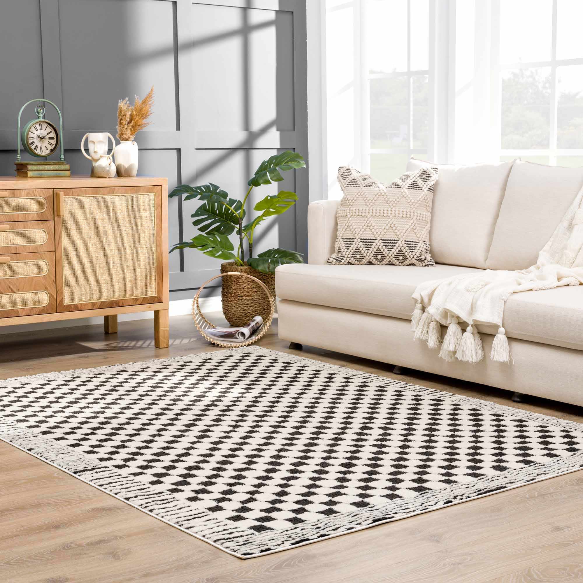 Leryn Area Rug  High Pile, Checkered Design in Black & Ivory