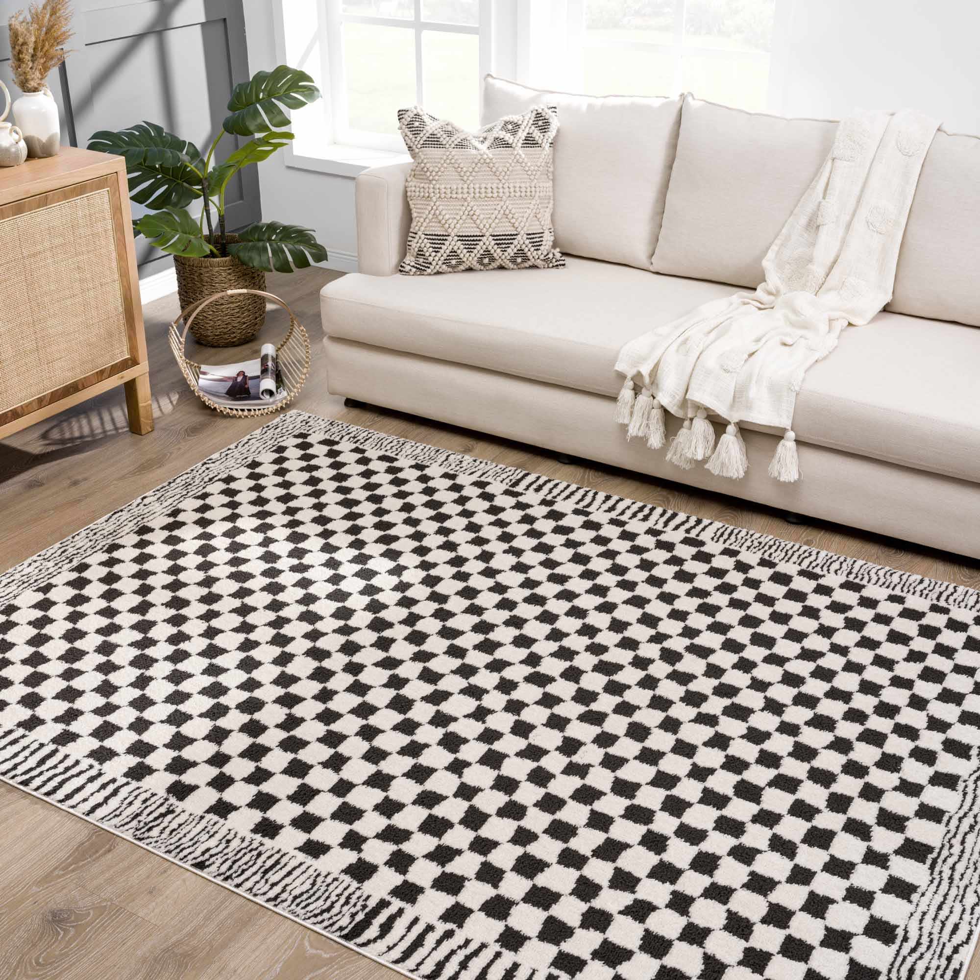 Leryn Area Rug  High Pile, Checkered Design in Black & Ivory