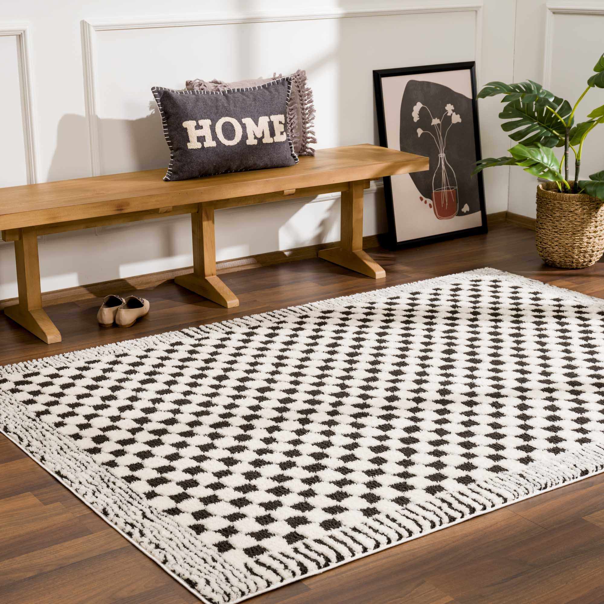 Leryn Area Rug  High Pile, Checkered Design in Black & Ivory