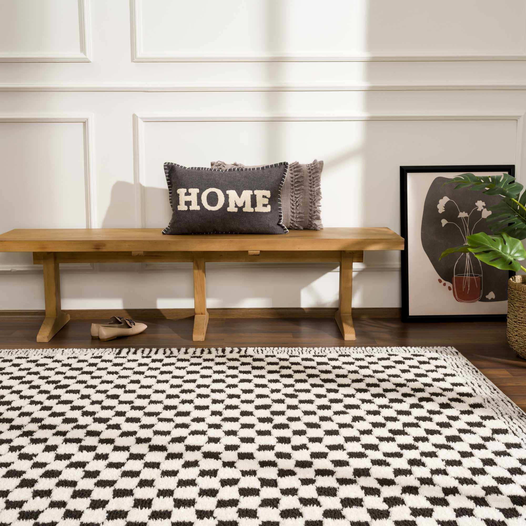Leryn Area Rug  High Pile, Checkered Design in Black & Ivory