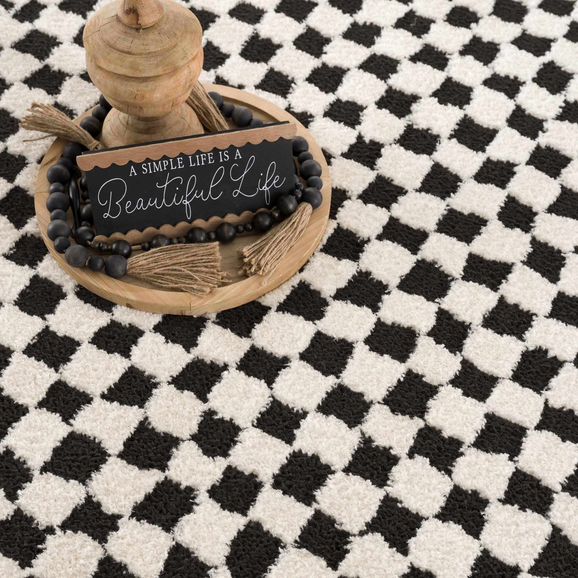 Leryn Area Rug  High Pile, Checkered Design in Black & Ivory