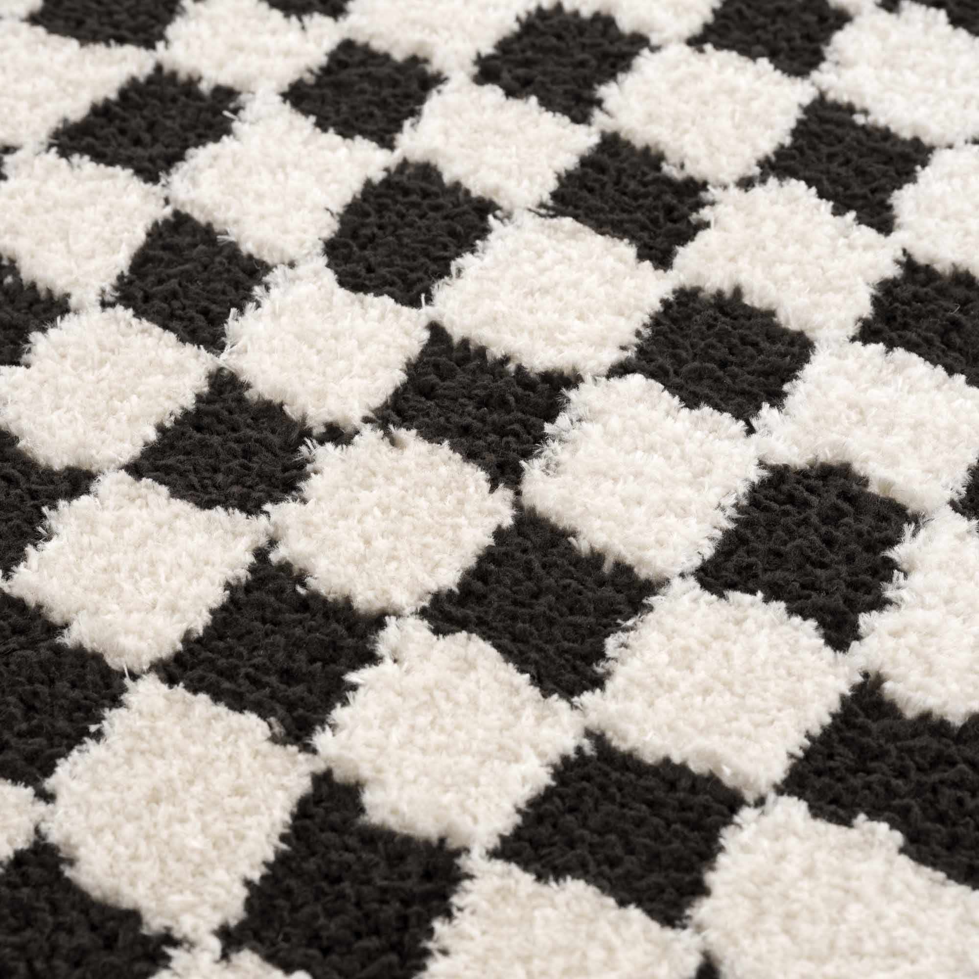 Leryn Area Rug  High Pile, Checkered Design in Black & Ivory