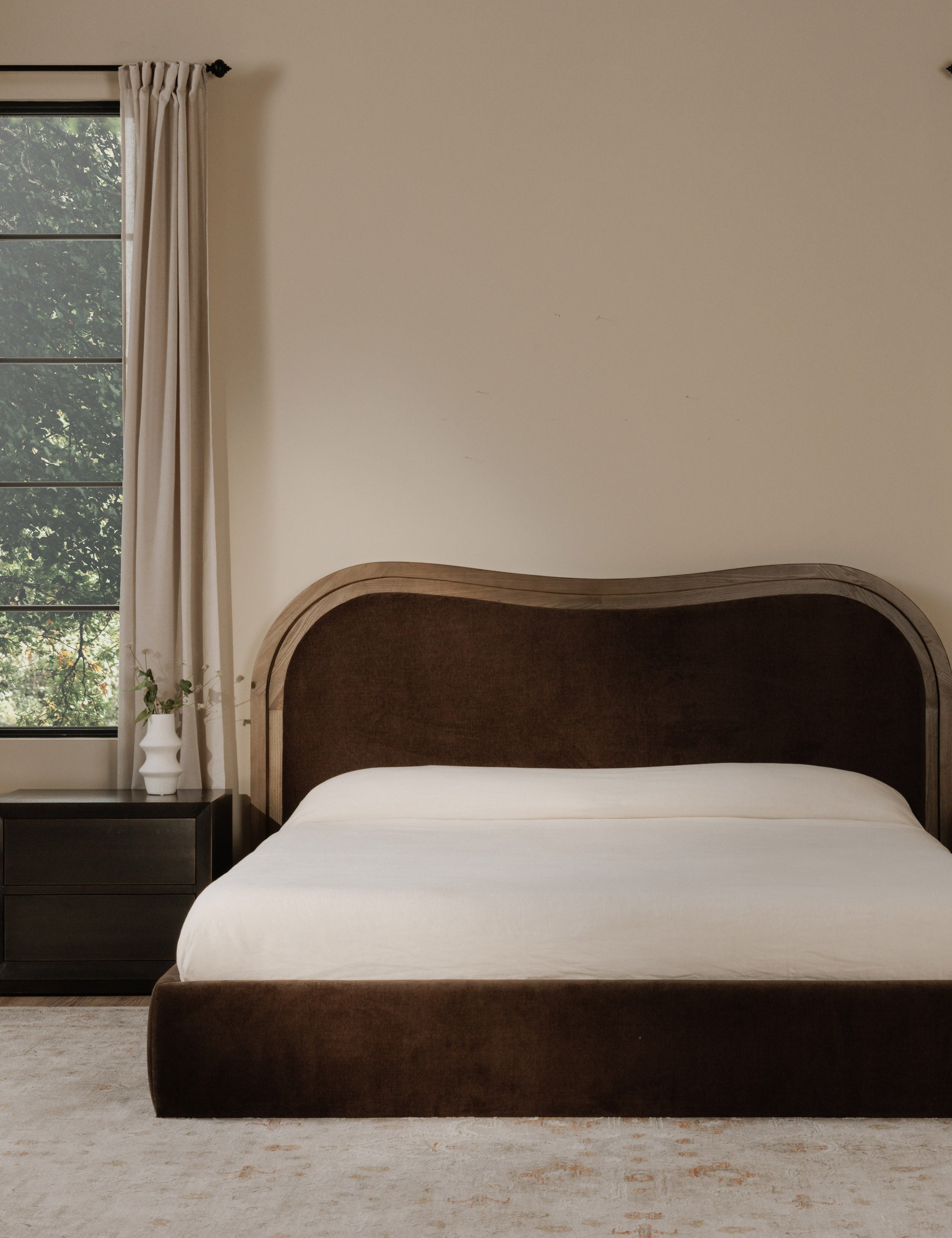 Gavril Platform Bed | Solid Ash Border, Upholstered Headboard