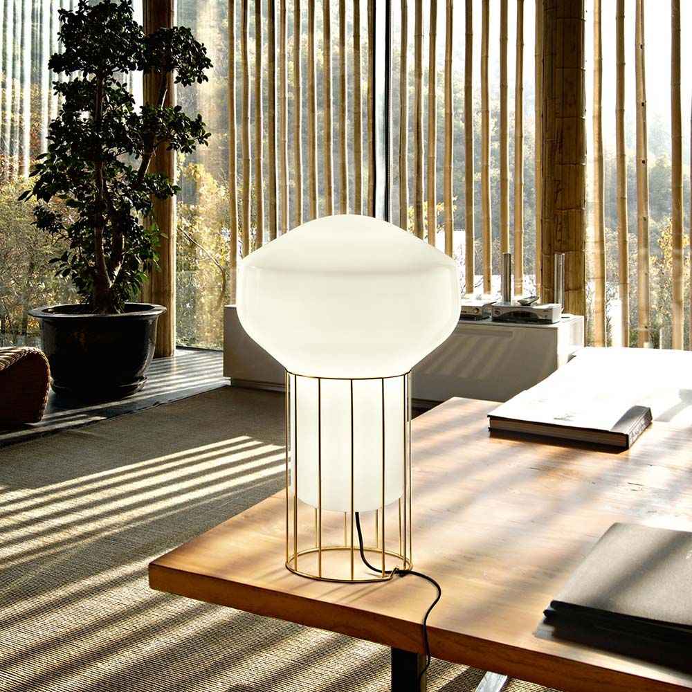 Aero Table Lamp | Glossy White Glass, Dark Gray & Brass Frame