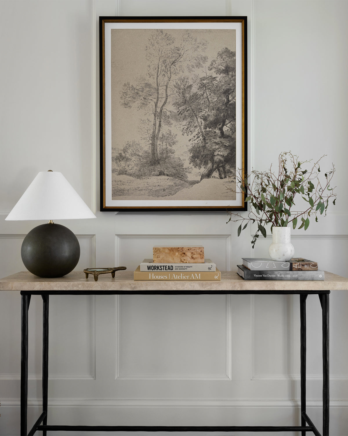 Briar Pastoral Sketch  Framed Vintage Art with Glass and Mat