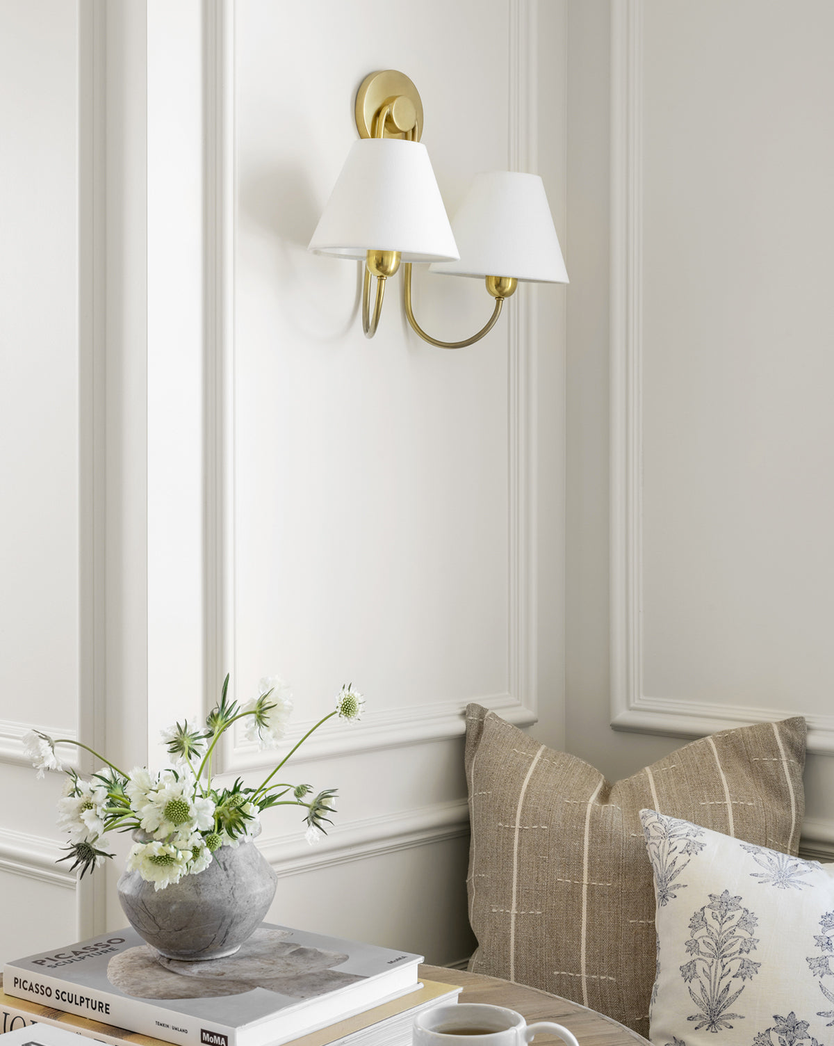 Bramble Double Swoop Sconce  Brass Body, Linen Shades