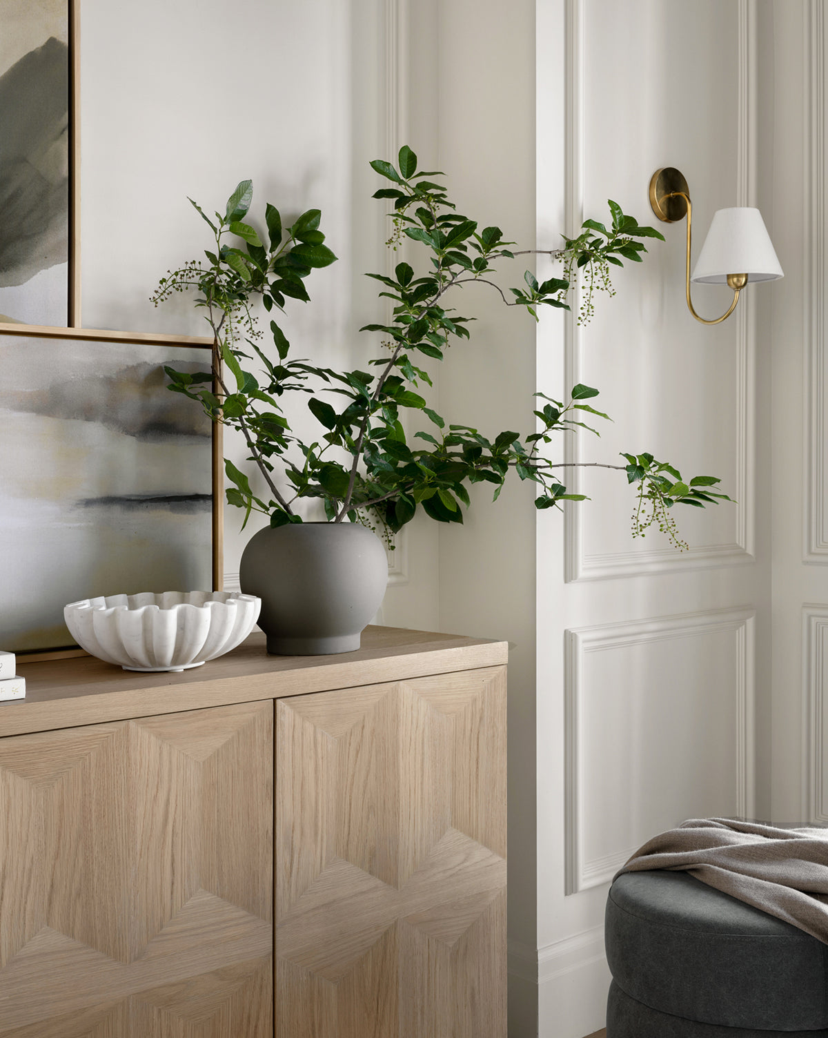 Vireo Sconce  Brass Body with Linen Shade