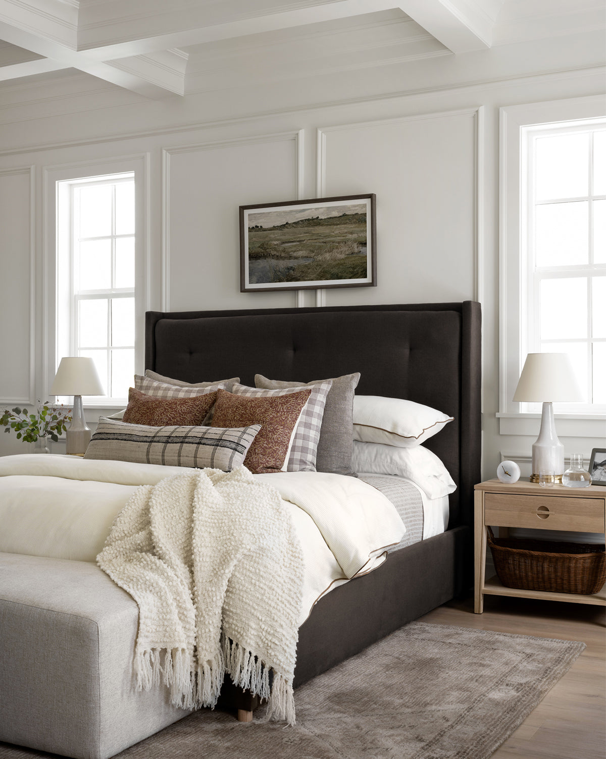 Ria Upholstered Bed  Tufted Headboard, Customizable Fabrics