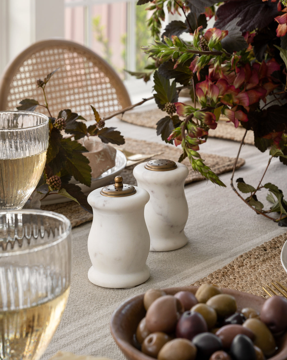 Bela Marble Salt & Pepper Shakers  Tapered Shape, Antiqued Brass Tops